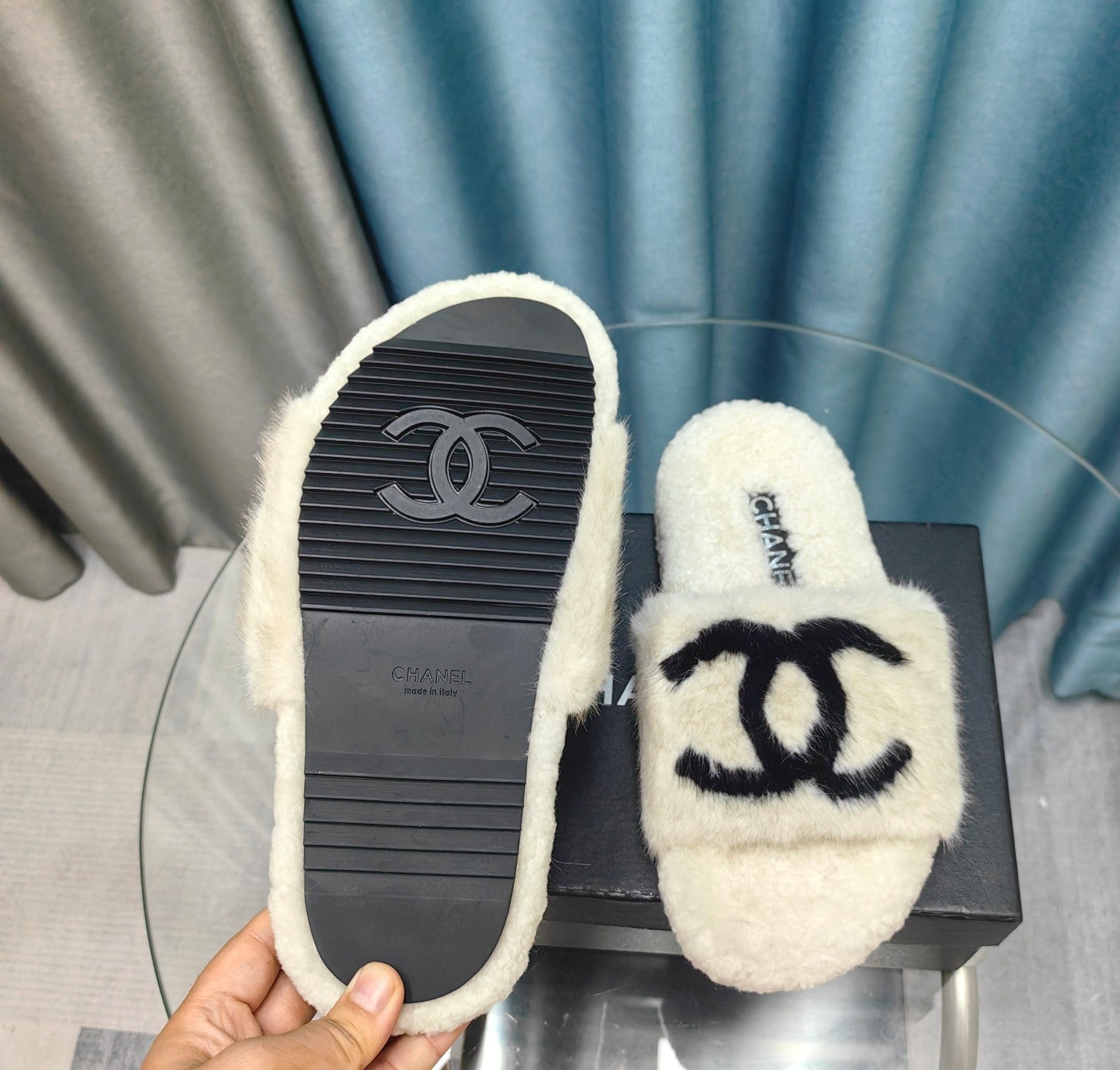 CC Slippers White Black Text Fleece Wool