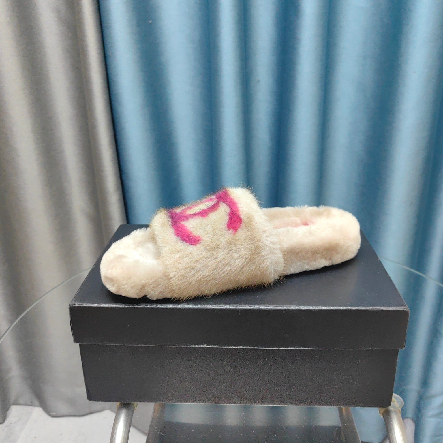 CC Slippers Beige Pink Text Fleece Wool