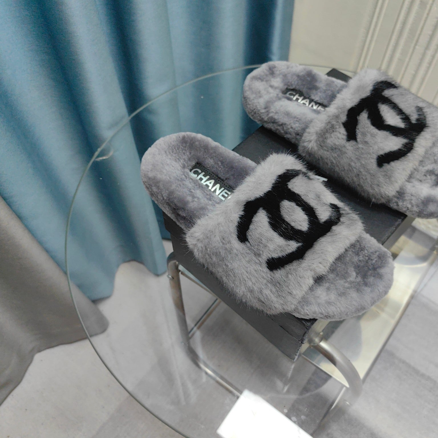 CC Slippers Grey Black Text  Fleece Wool