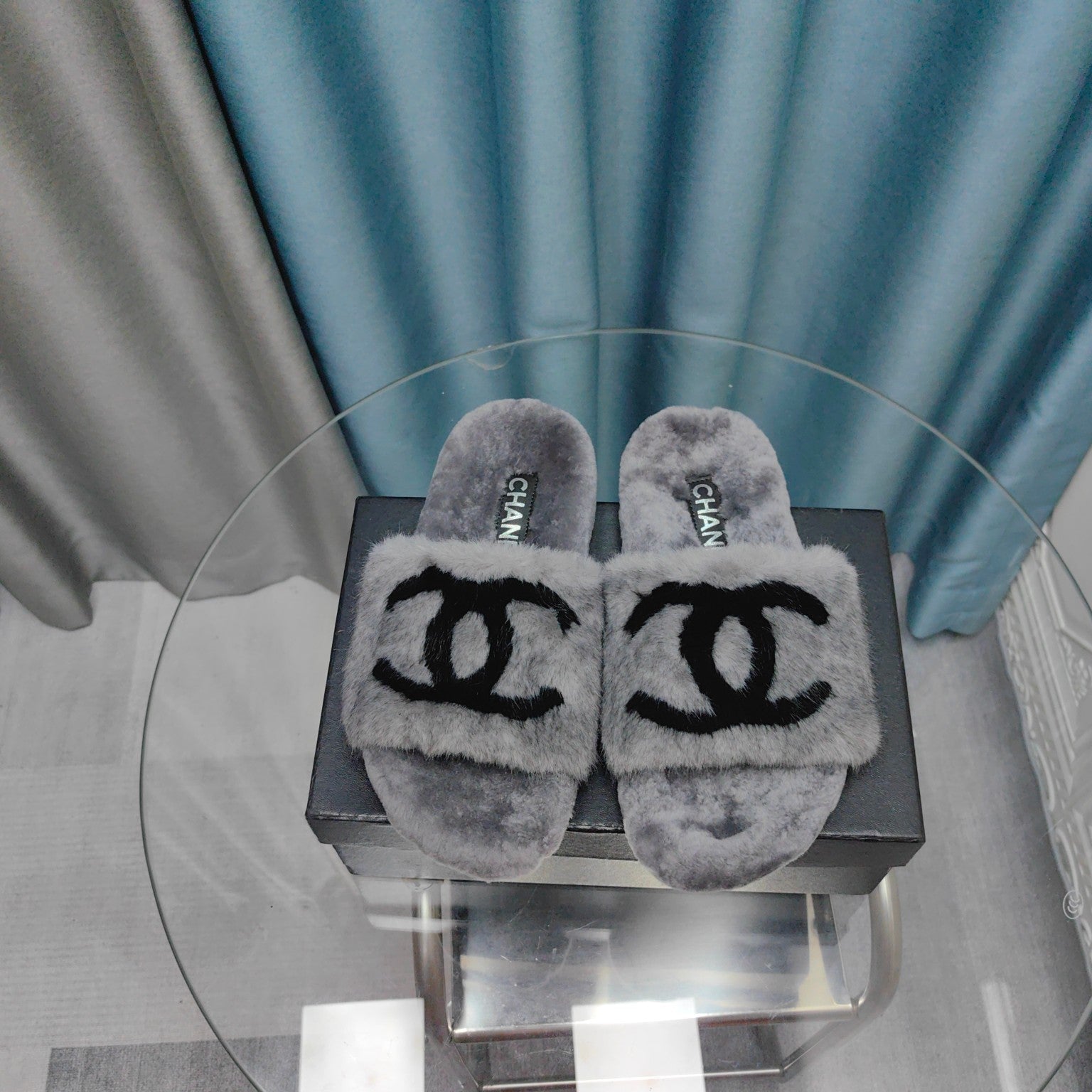 CC Slippers Grey Black Text  Fleece Wool