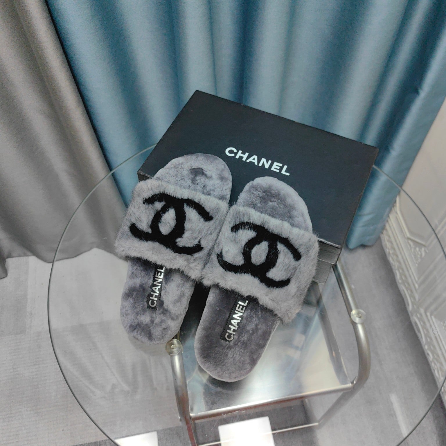 CC Slippers Grey Black Text  Fleece Wool