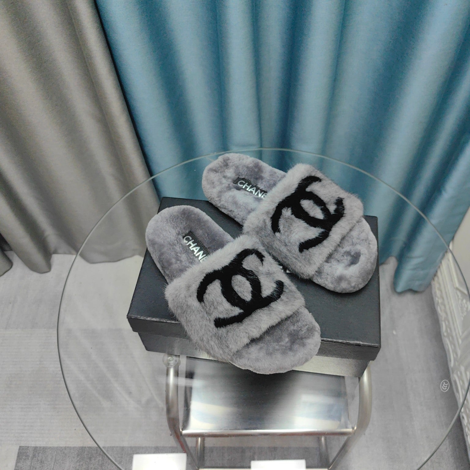 CC Slippers Grey Black Text  Fleece Wool