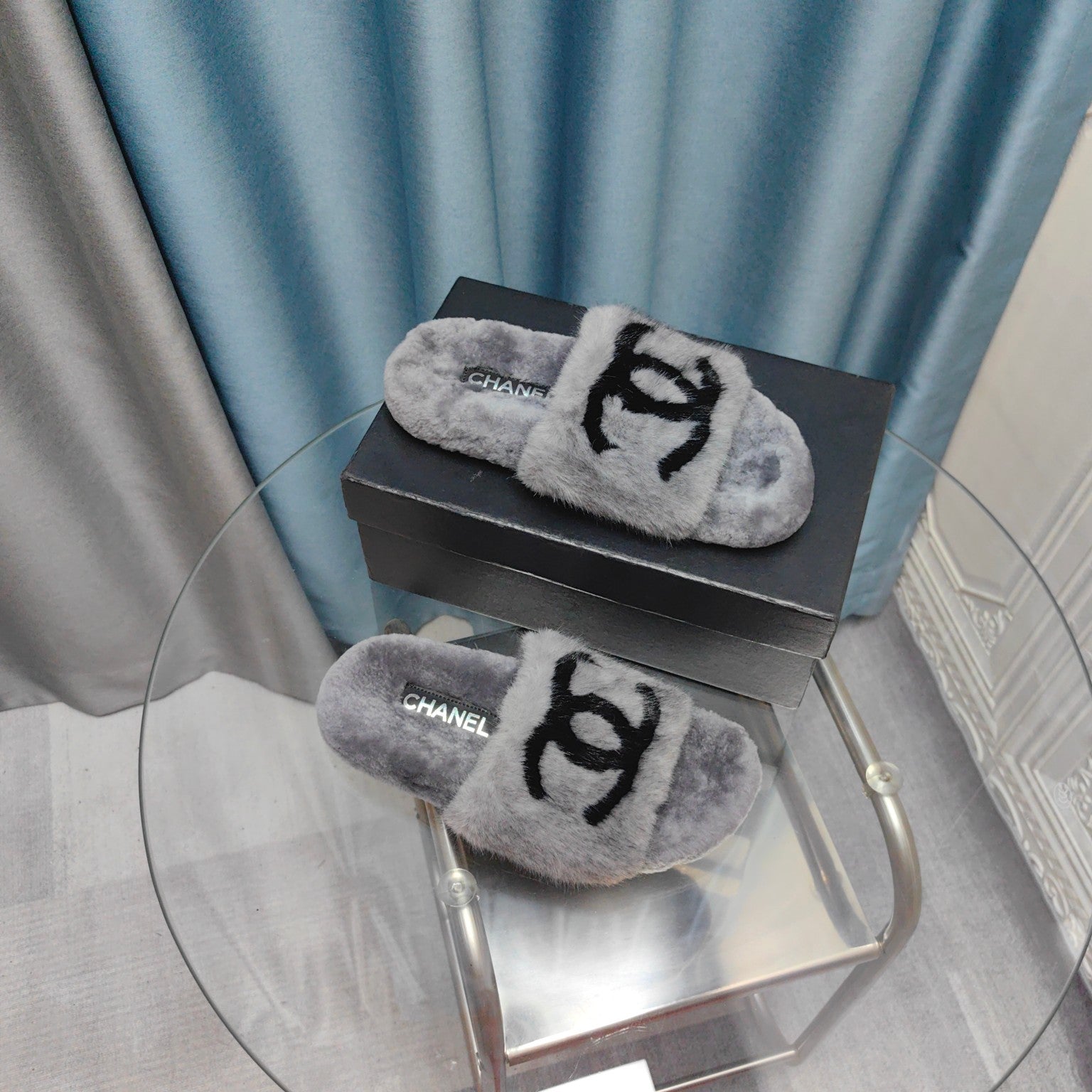 CC Slippers Grey Black Text  Fleece Wool