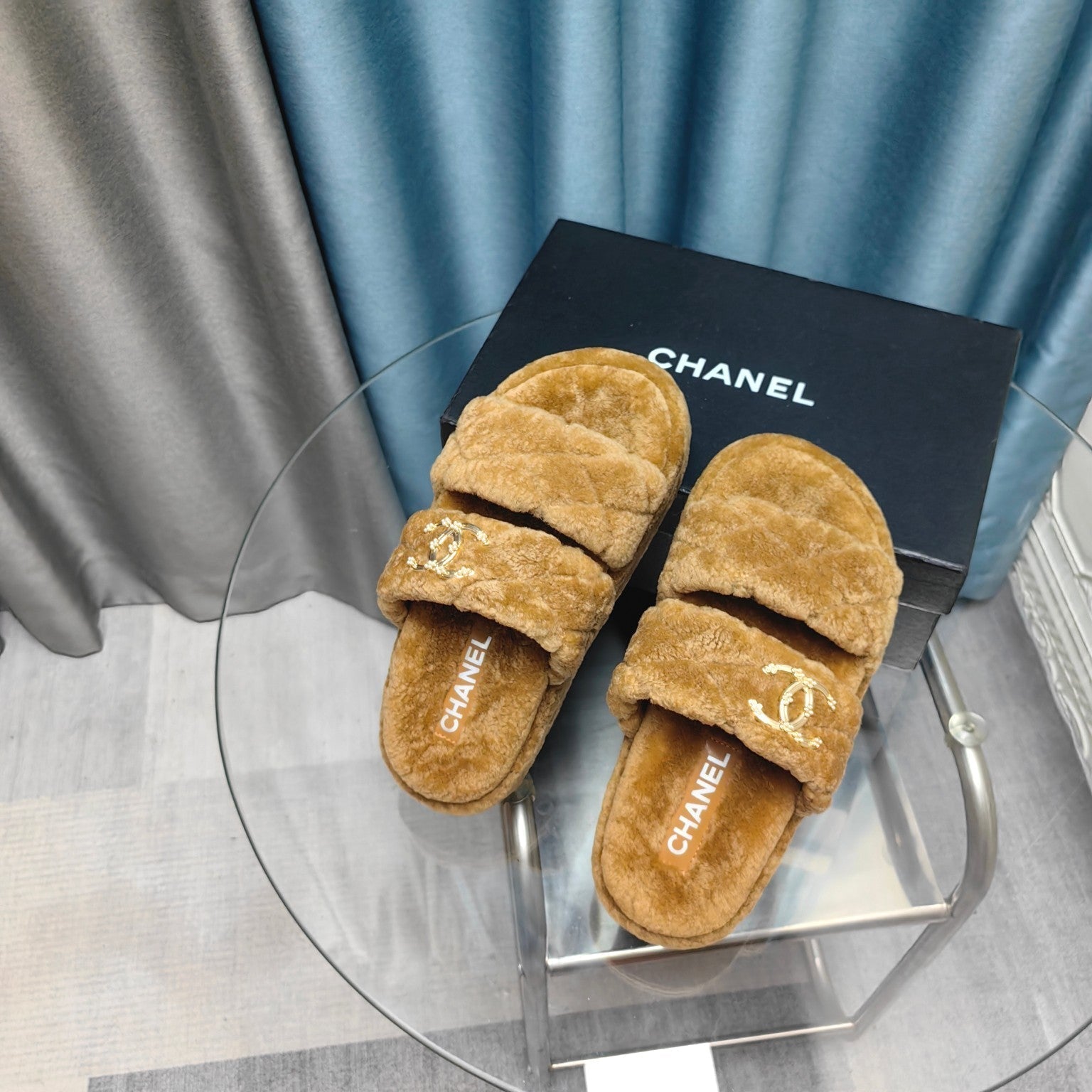 CC Slippers Light Brown Pattern Fleece Wool