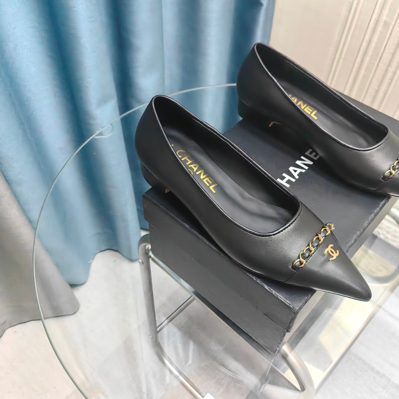 CC Ballet Flats Black Chain Lambskin