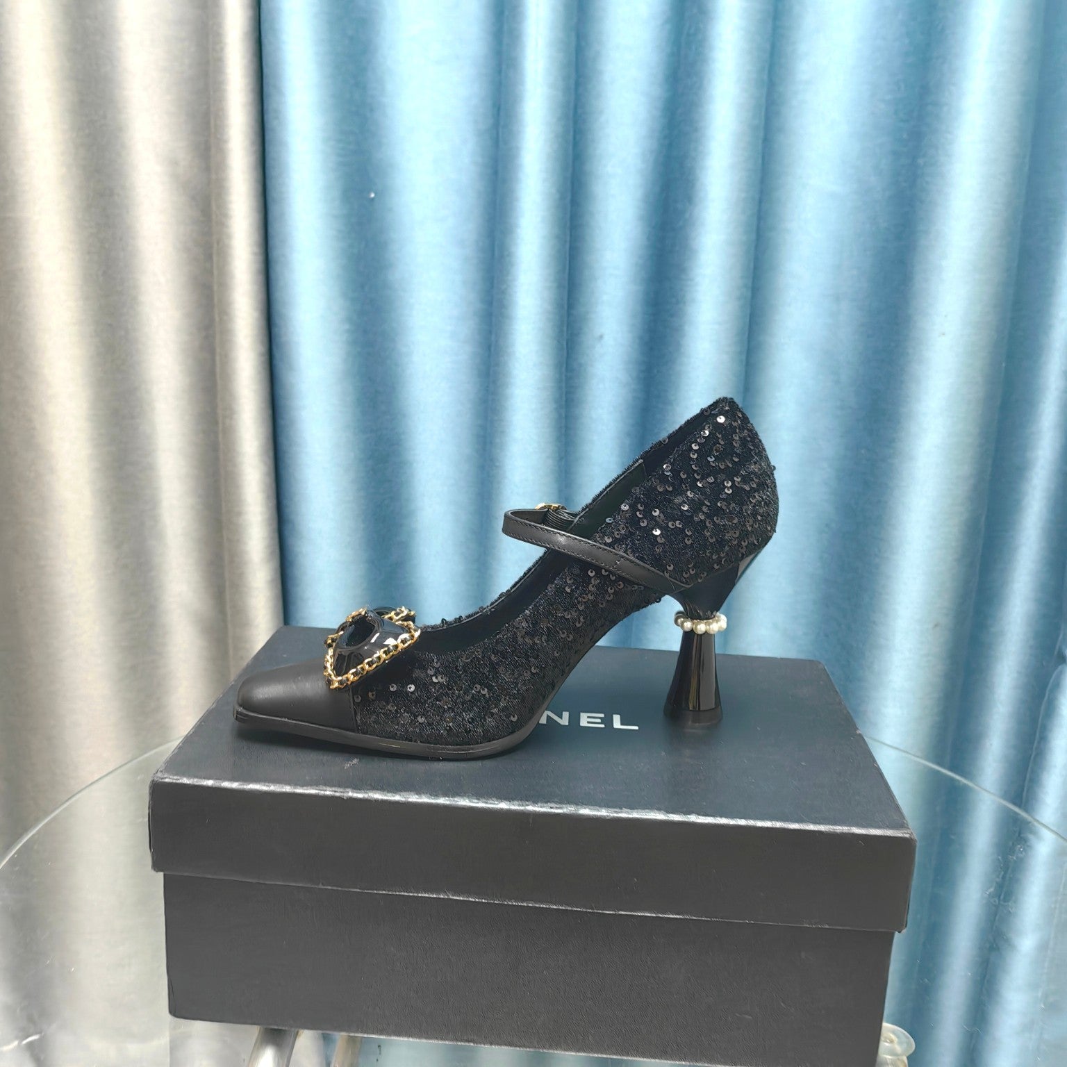 CC High Mary Janes Black Beaded Fabric And Lambskin