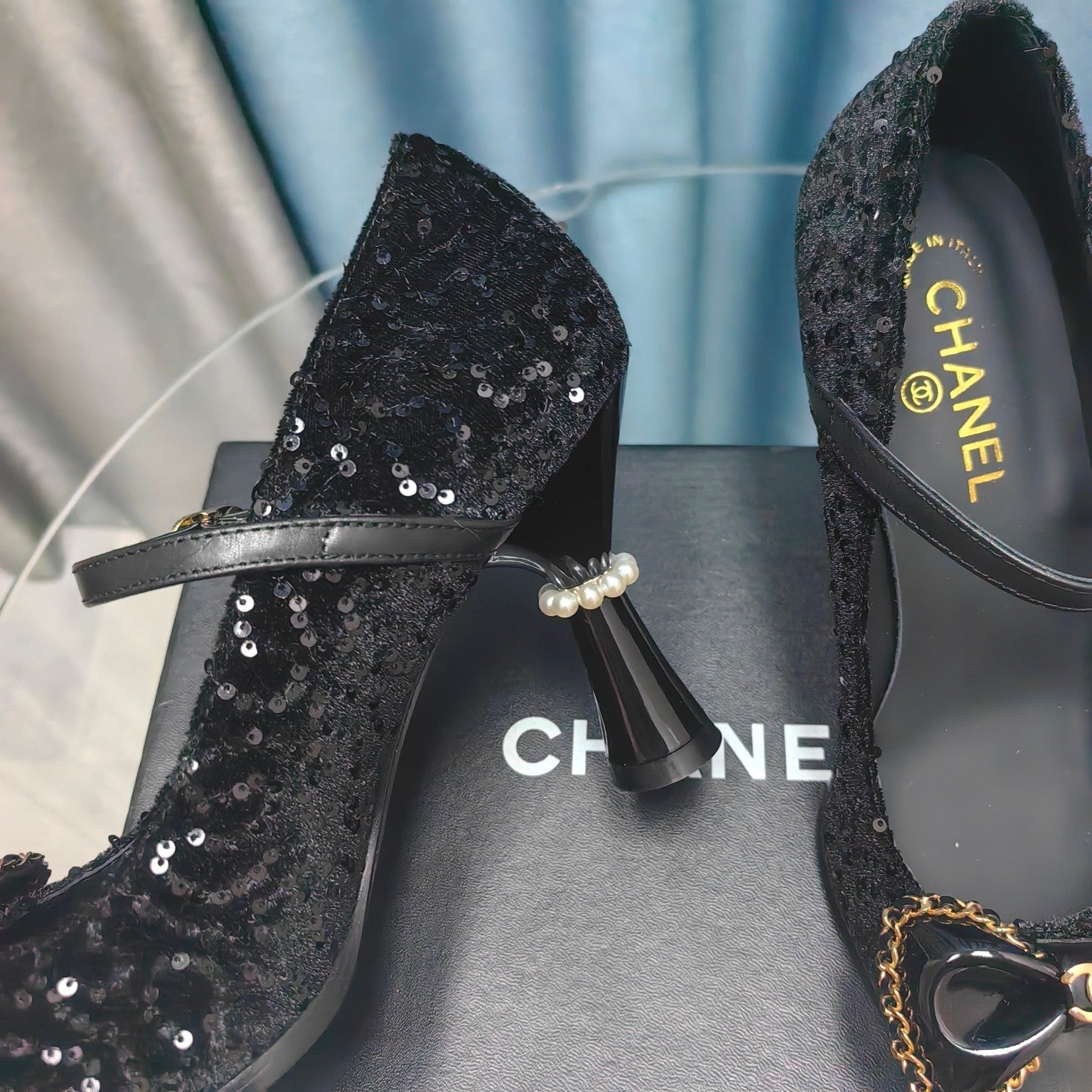 CC High Mary Janes Black Beaded Fabric And Lambskin