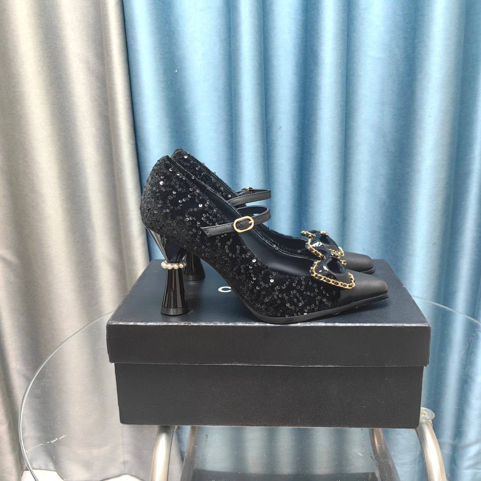 CC High Mary Janes Black Beaded Fabric And Lambskin