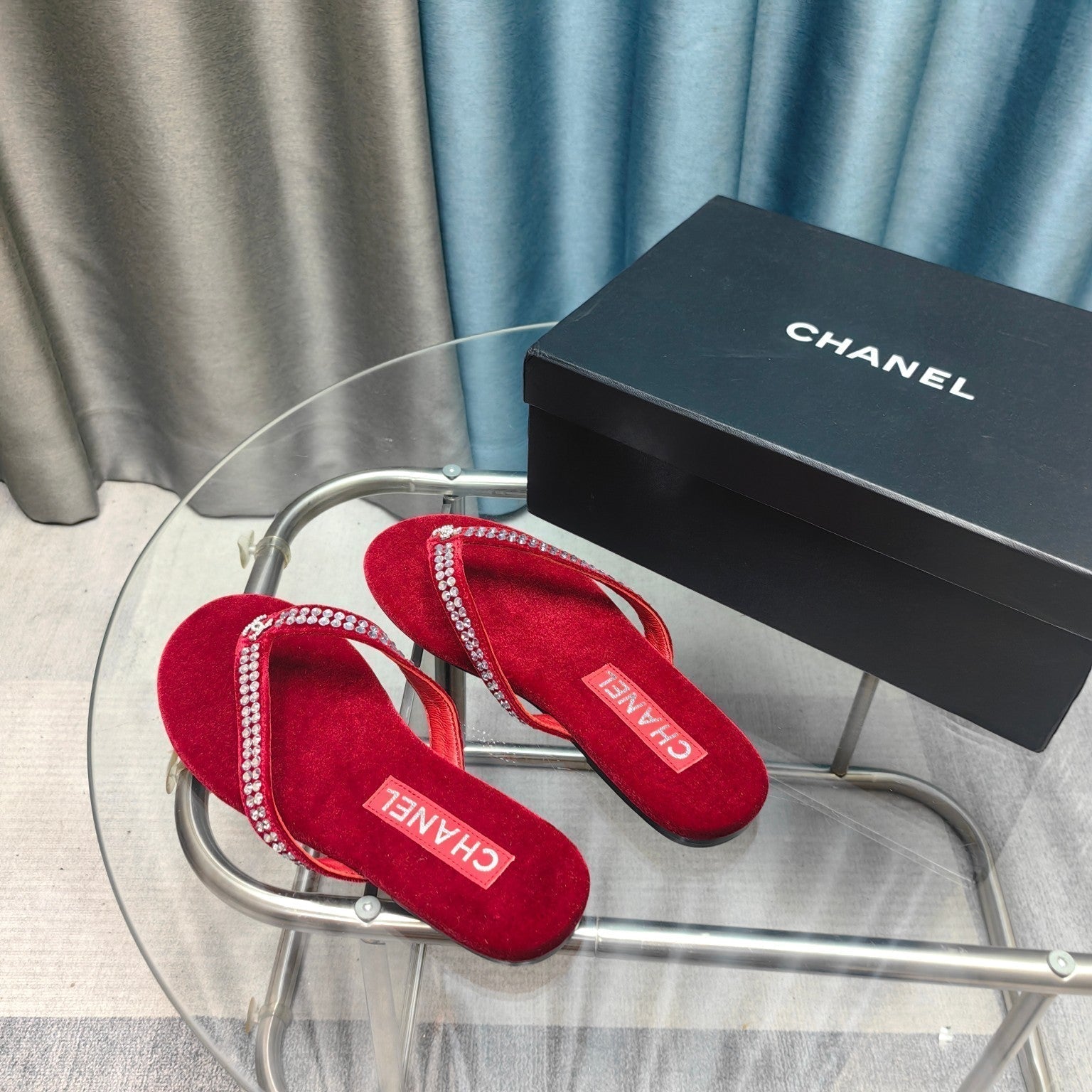 CC Thong Red Velvet Silver Strass
