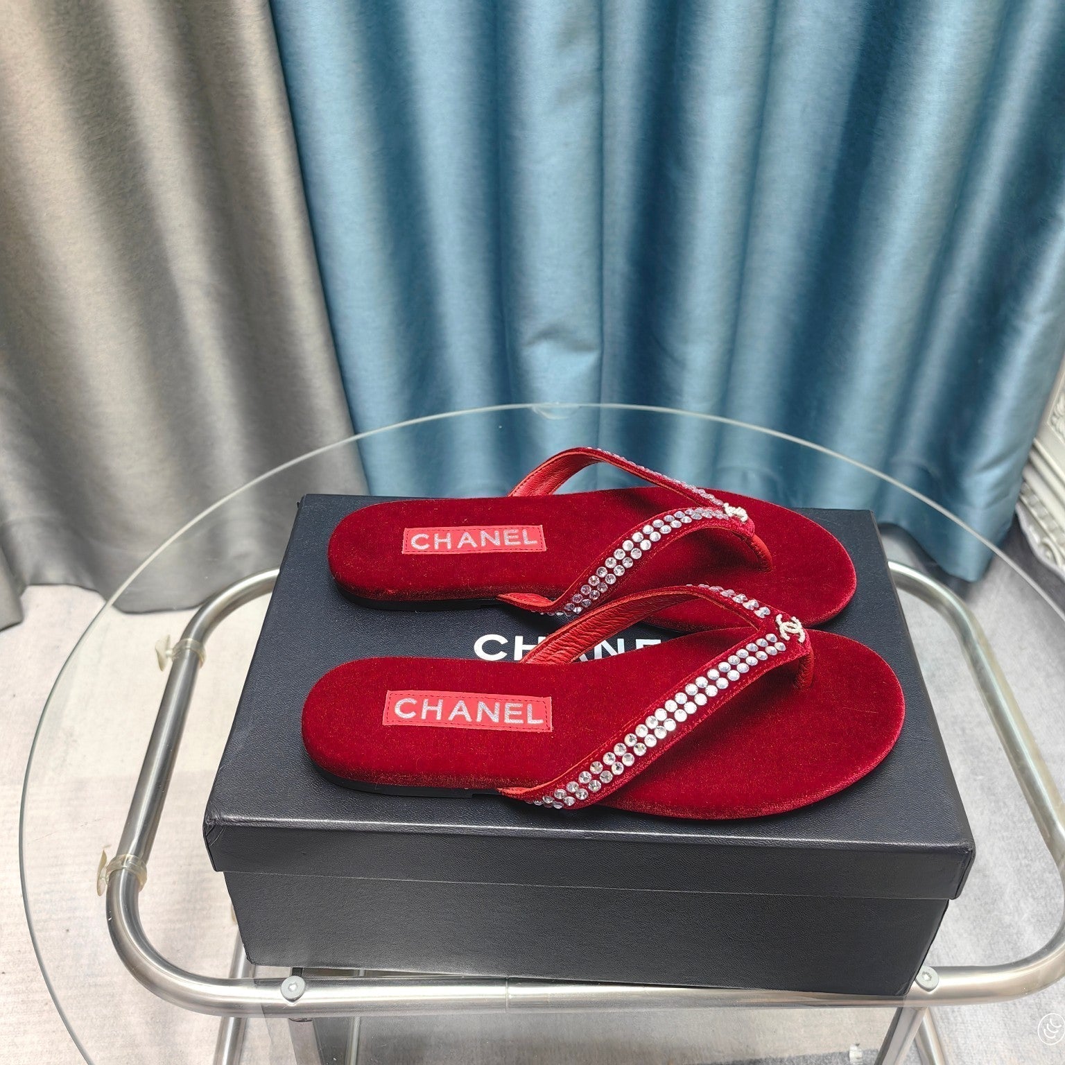 CC Thong Red Velvet Silver Strass