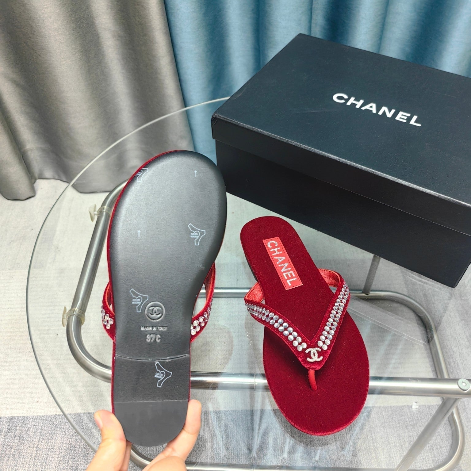 CC Thong Red Velvet Silver Strass