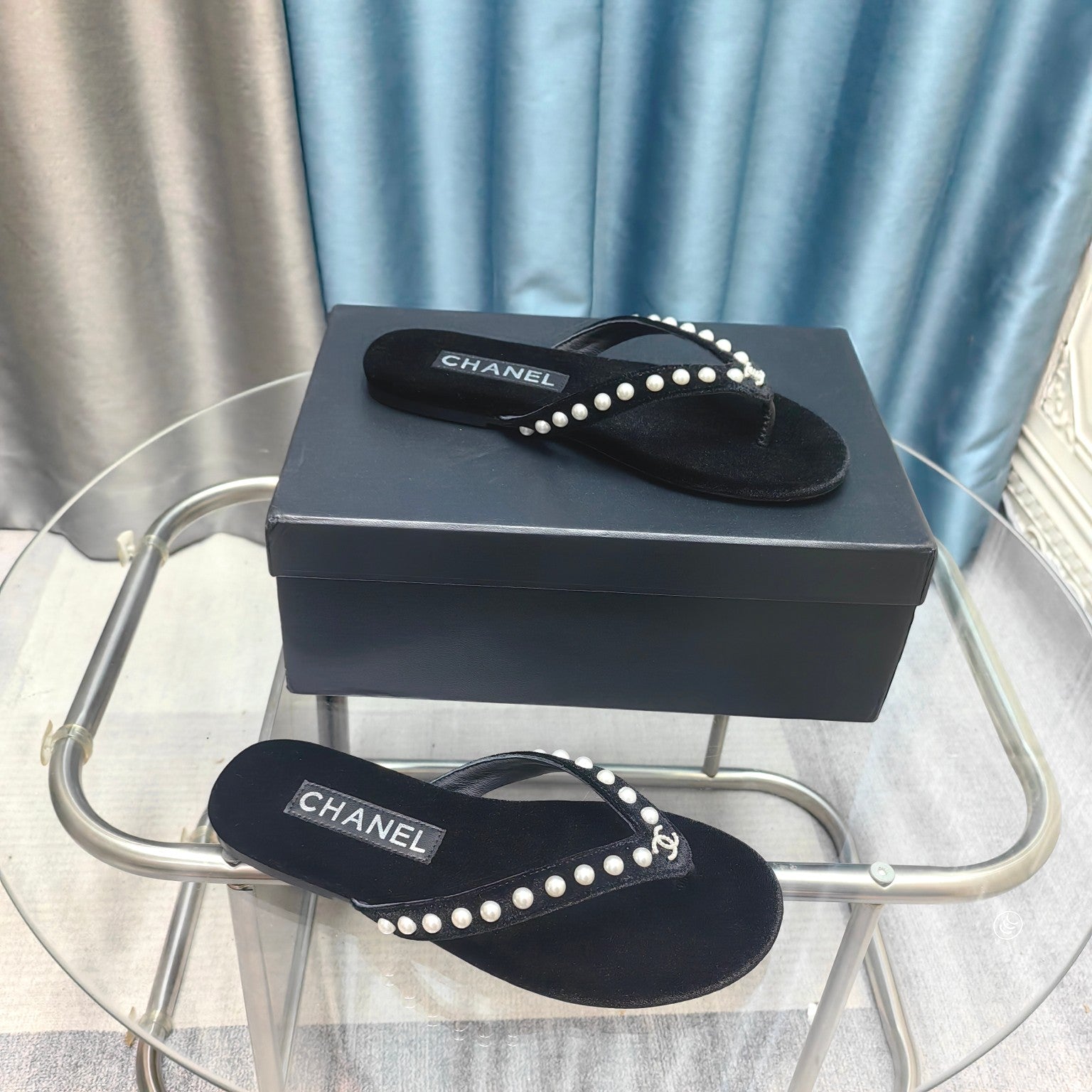 CC Thong Black Velvet Pearl