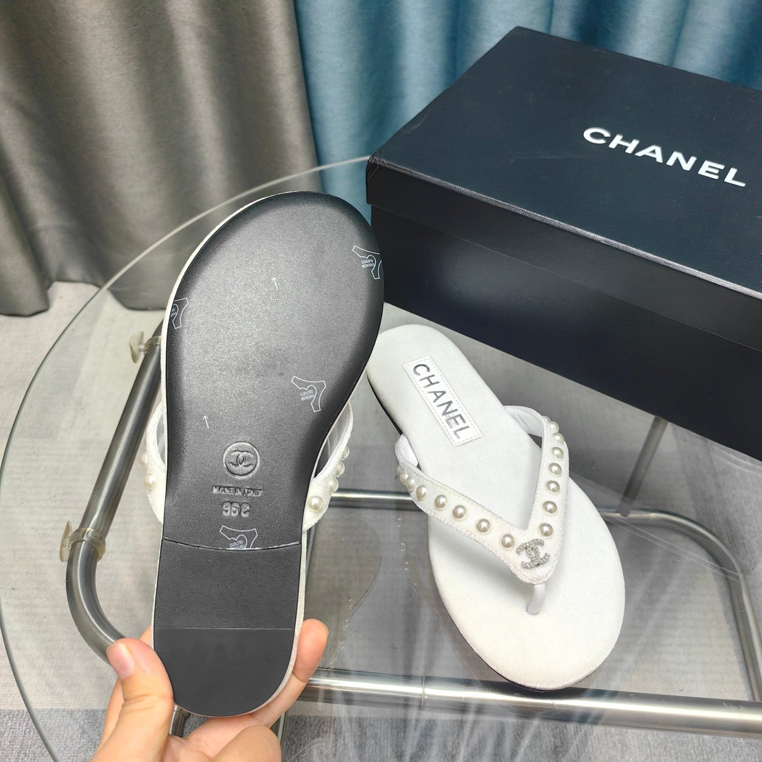 CC Thong White Velvet Pearl