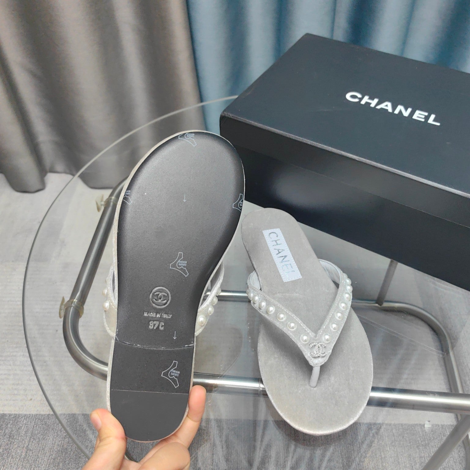 CC Thong Grey Velvet Pearl