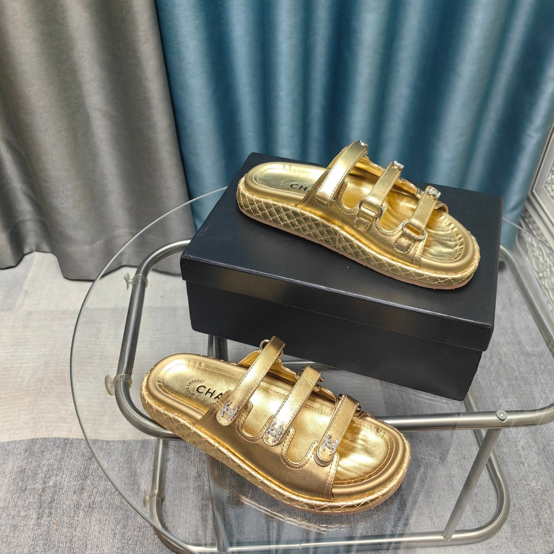 CC 25C Sandal Triple Straps Gold Calfskin