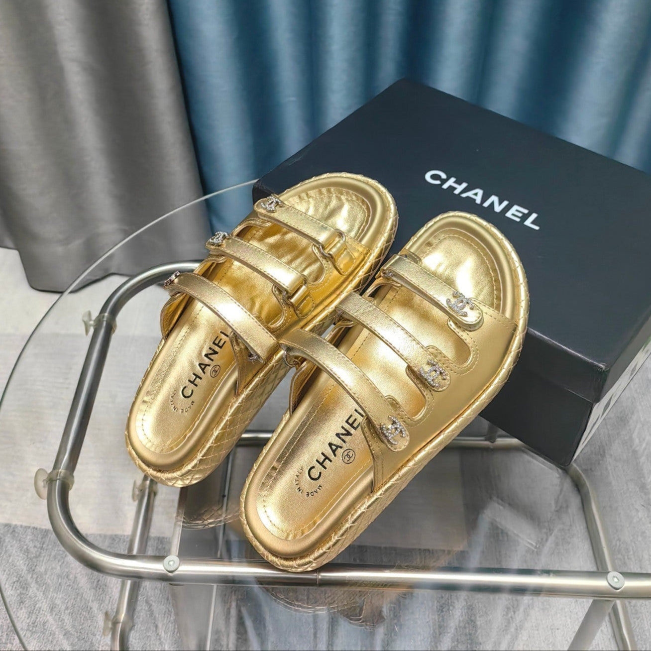 CC 25C Sandal Triple Straps Gold Calfskin