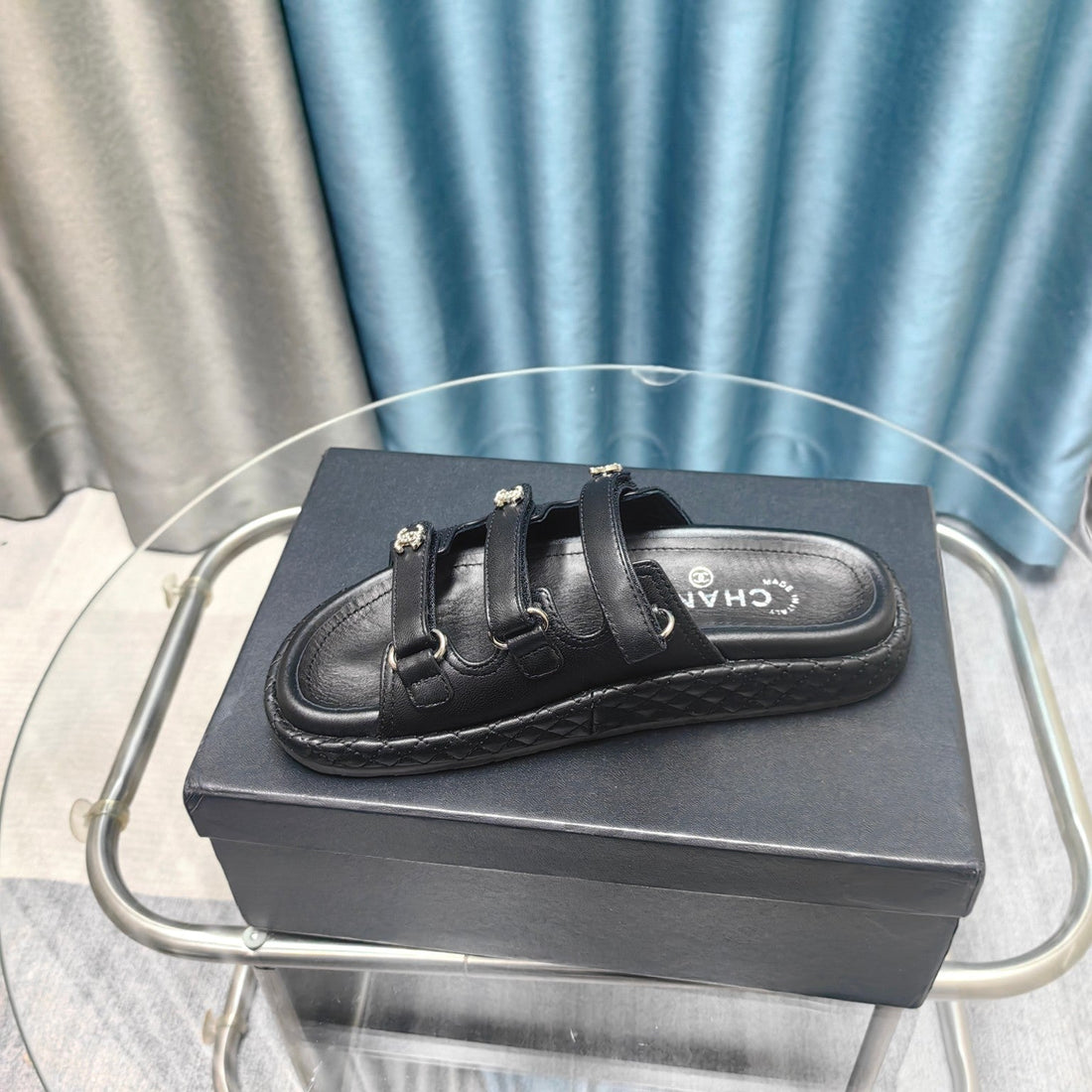 CC 25C Sandal Triple Straps Black Calfskin