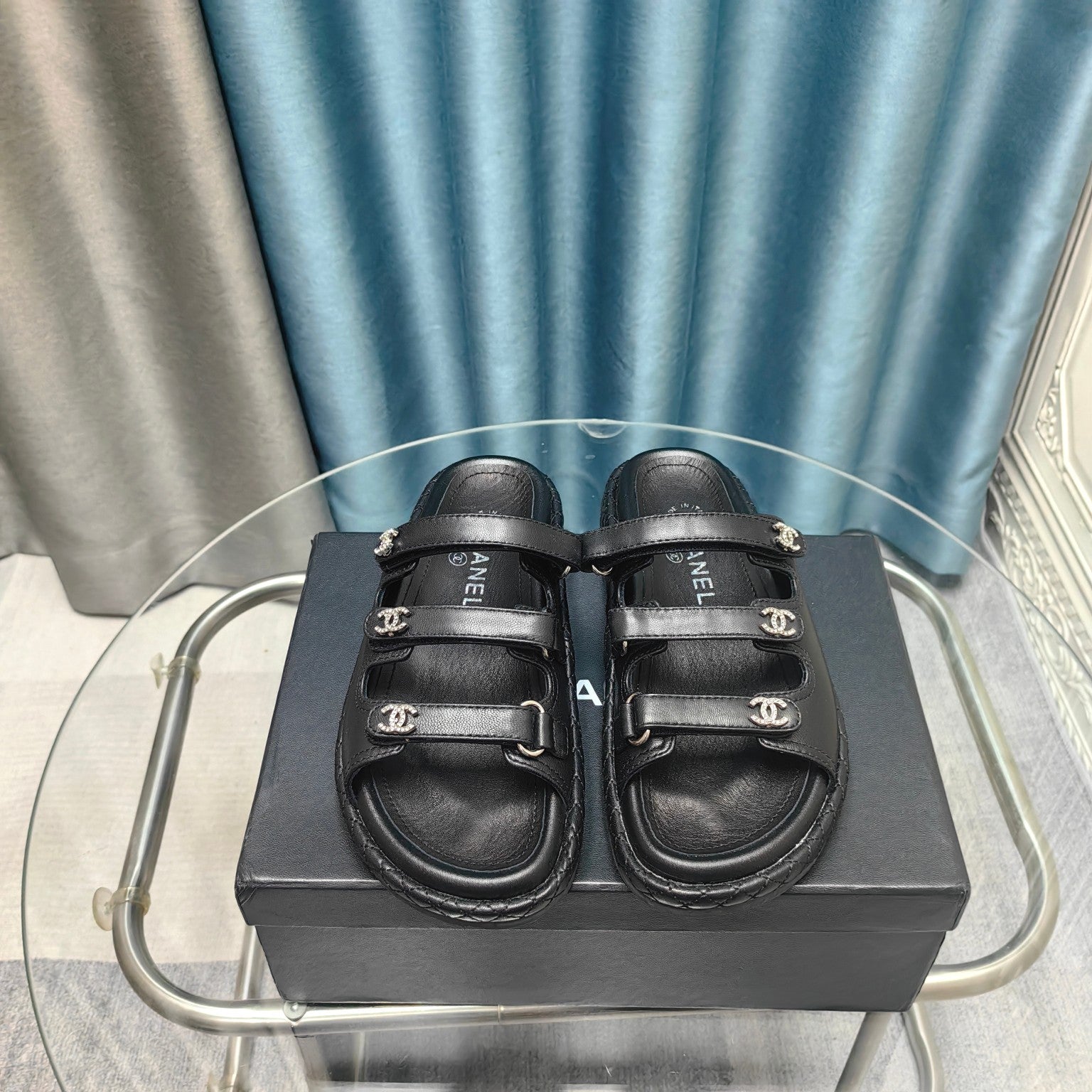 CC 25C Sandal Triple Straps Black Calfskin