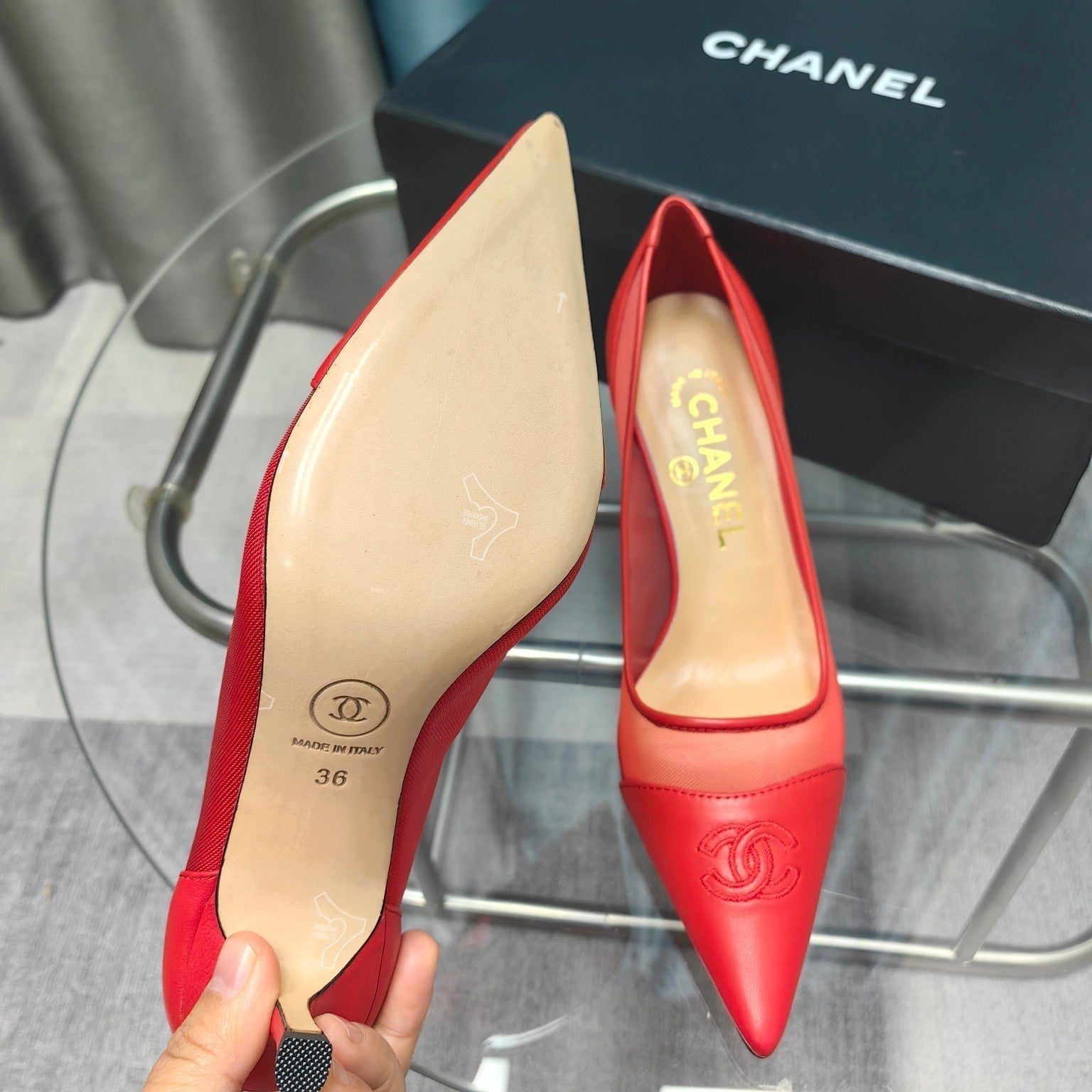 CC Pumps 50 Red Mesh Leather Pointed Toe