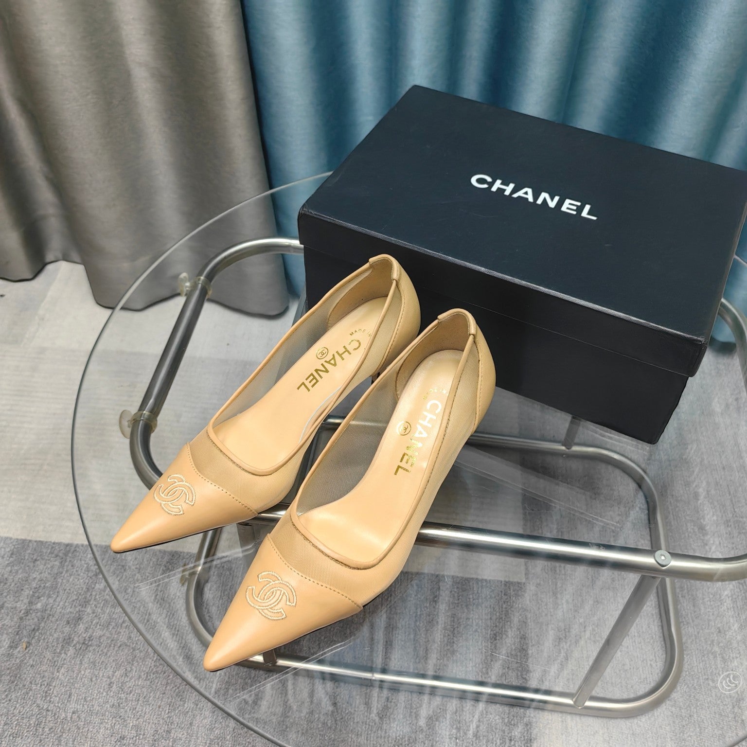 CC Pumps 50 Beige Mesh Leather Pointed Toe