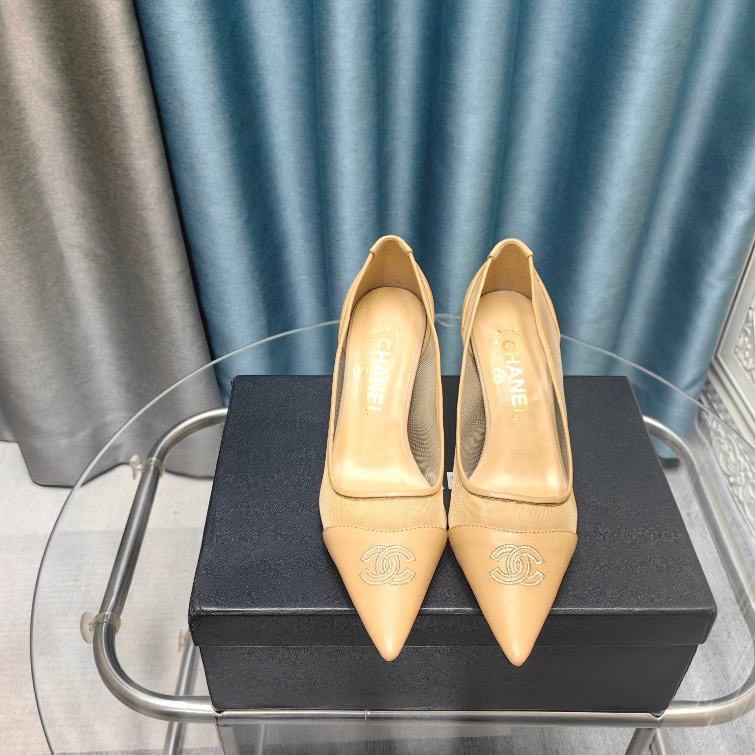 CC Pumps 50 Beige Mesh Leather Pointed Toe