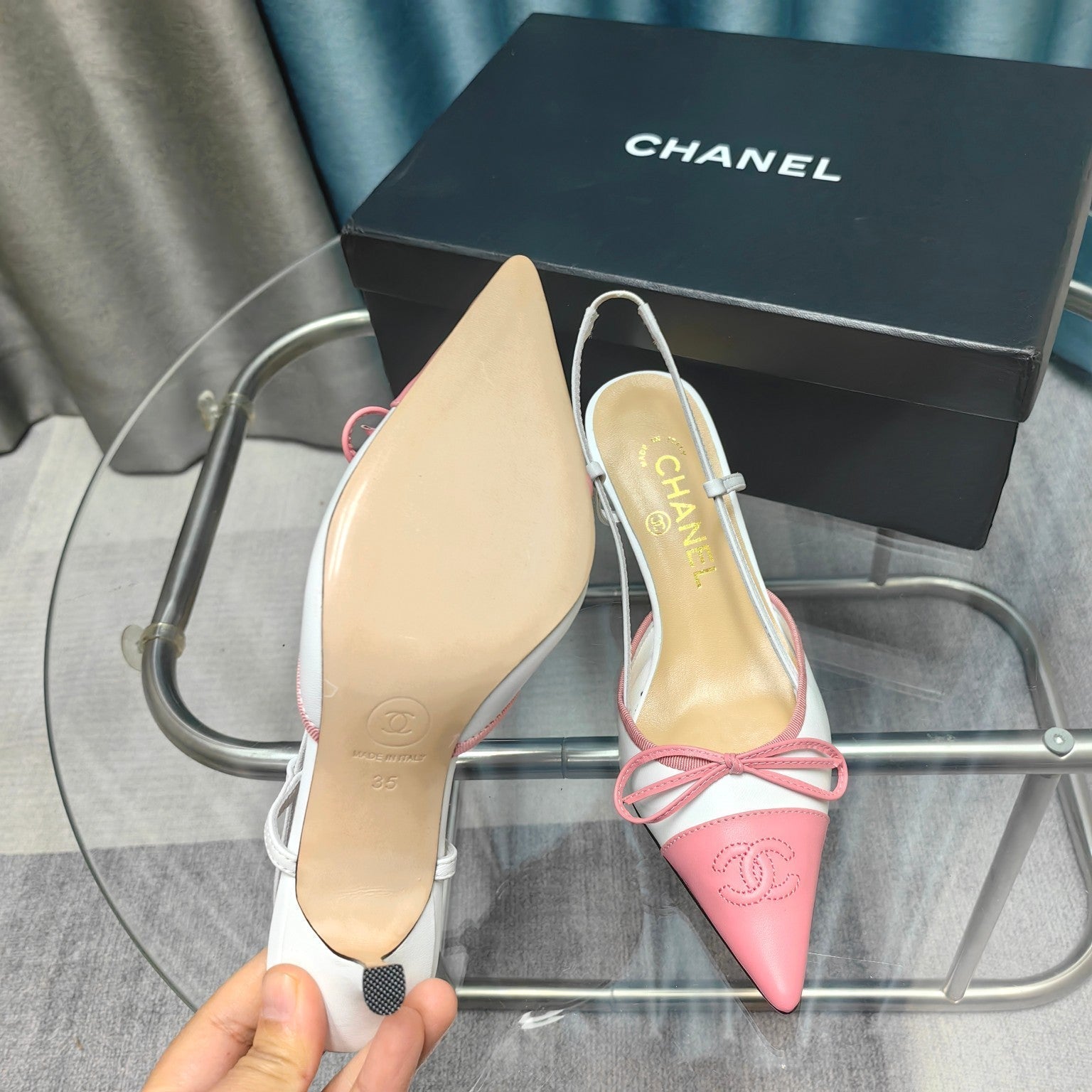 Slingback 50 White Calfskin Pink Satin Pointed Toe