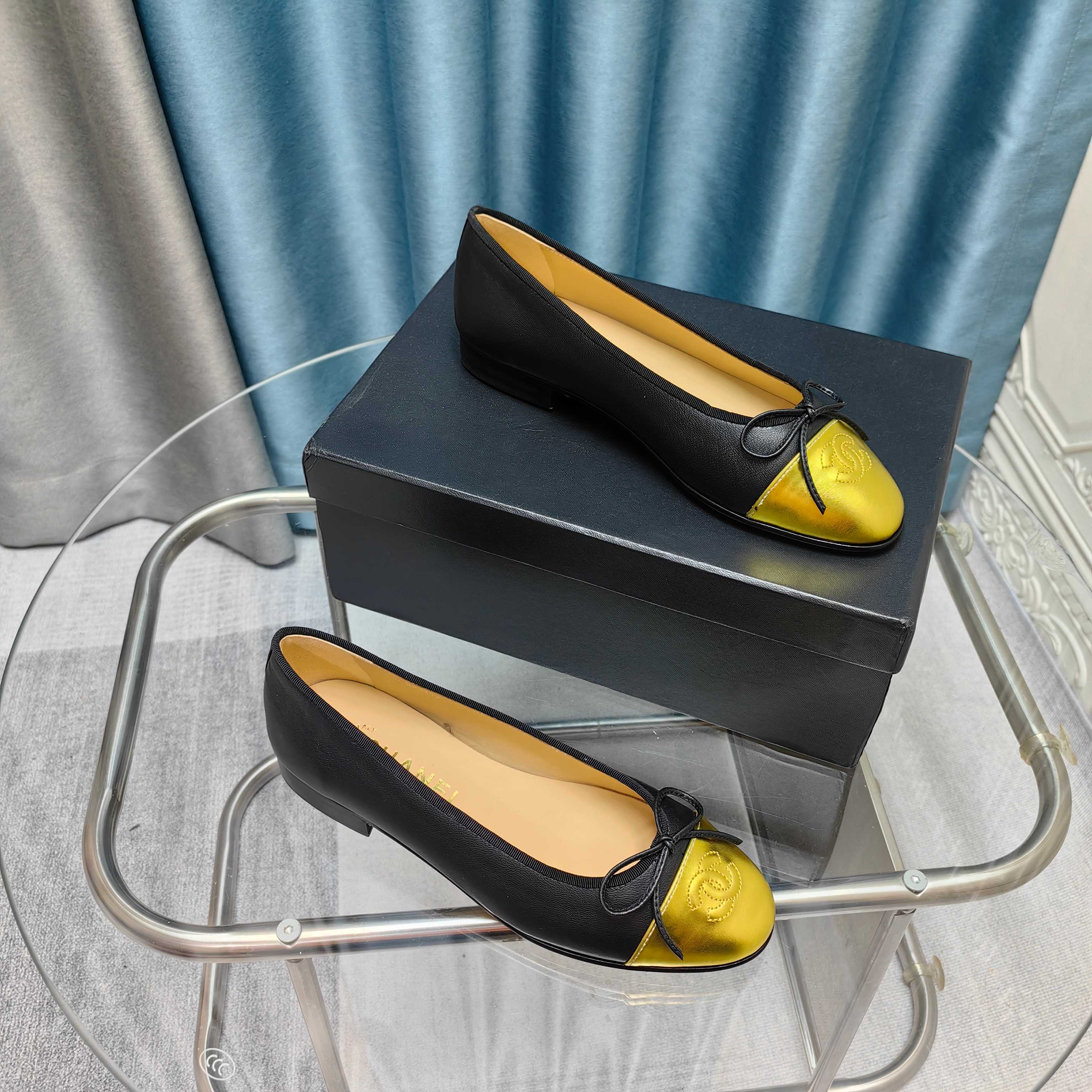 CC 25P Ballet Flat Black Calfskin Yellow Patent Calfskin