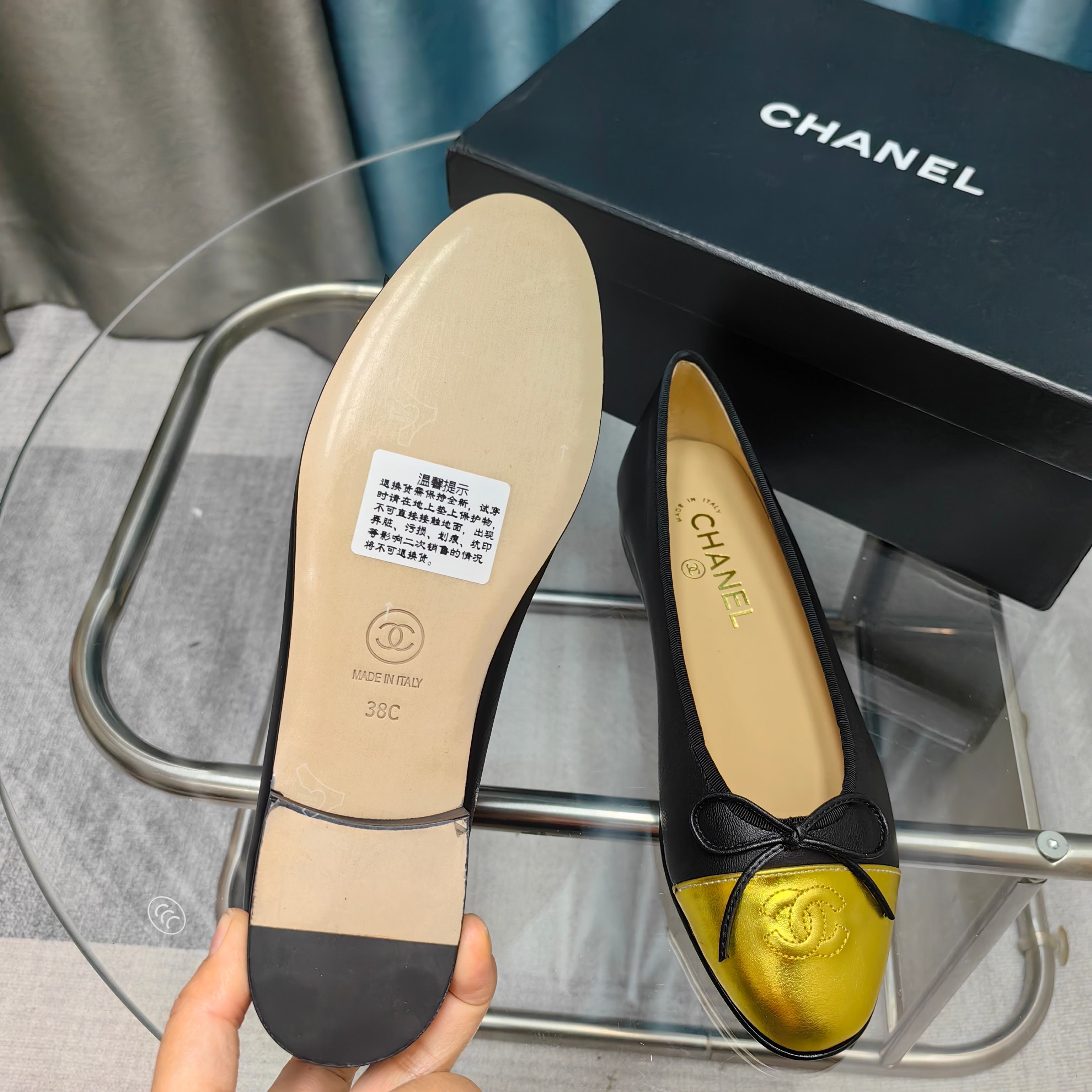 CC 25P Ballet Flat Black Calfskin Yellow Patent Calfskin