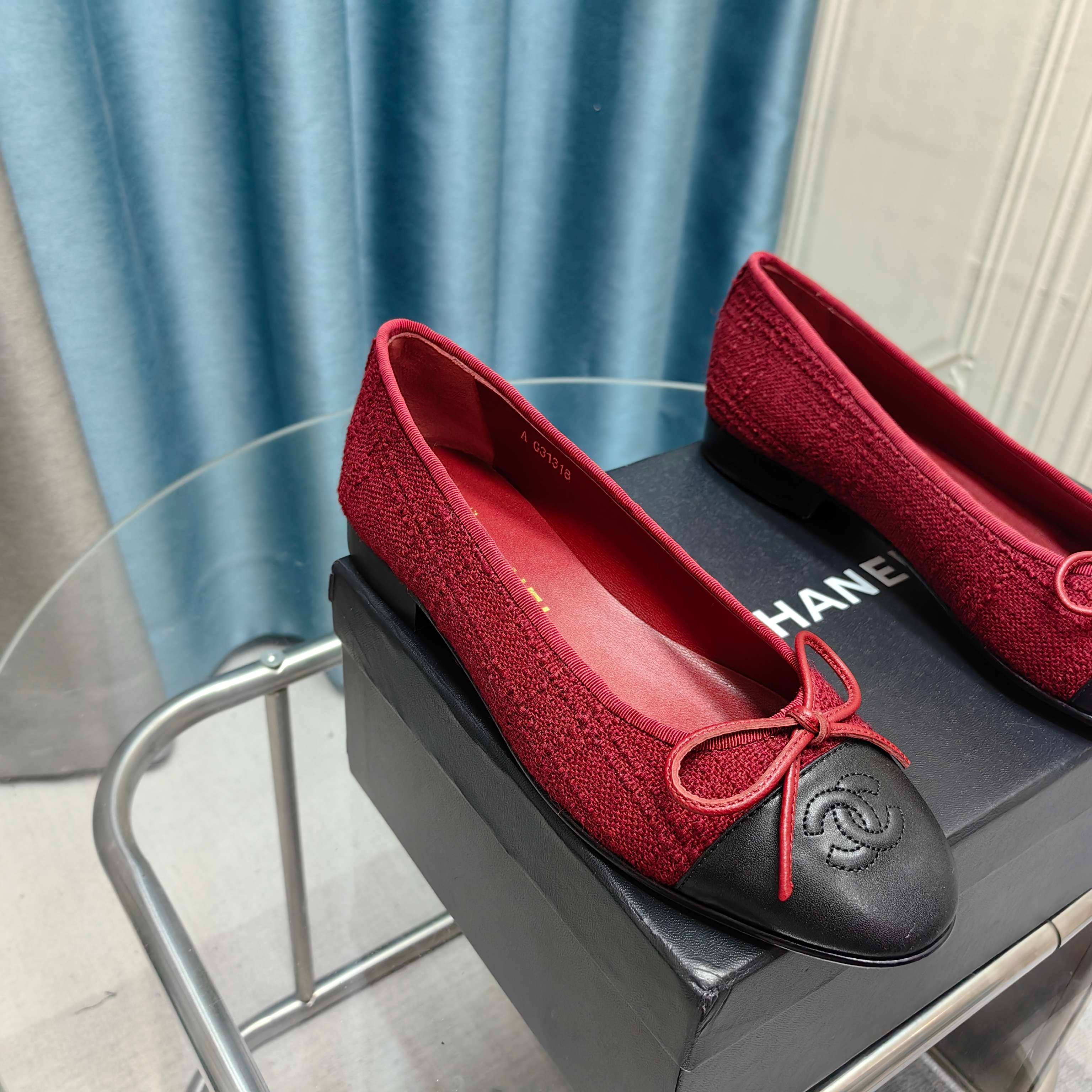 CC 25P Ballet Flat Red Tweed Black Calfskin