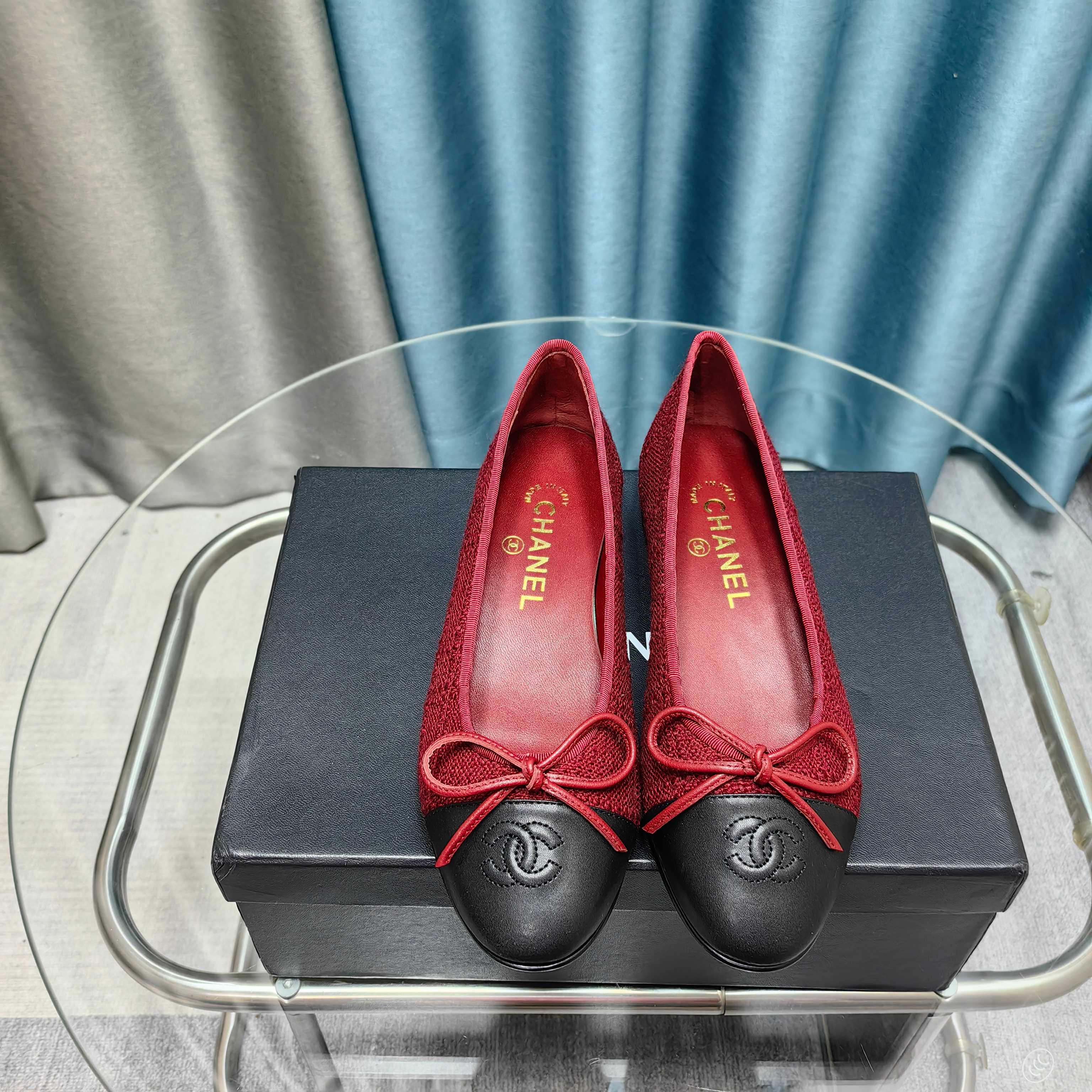 CC 25P Ballet Flat Red Tweed Black Calfskin
