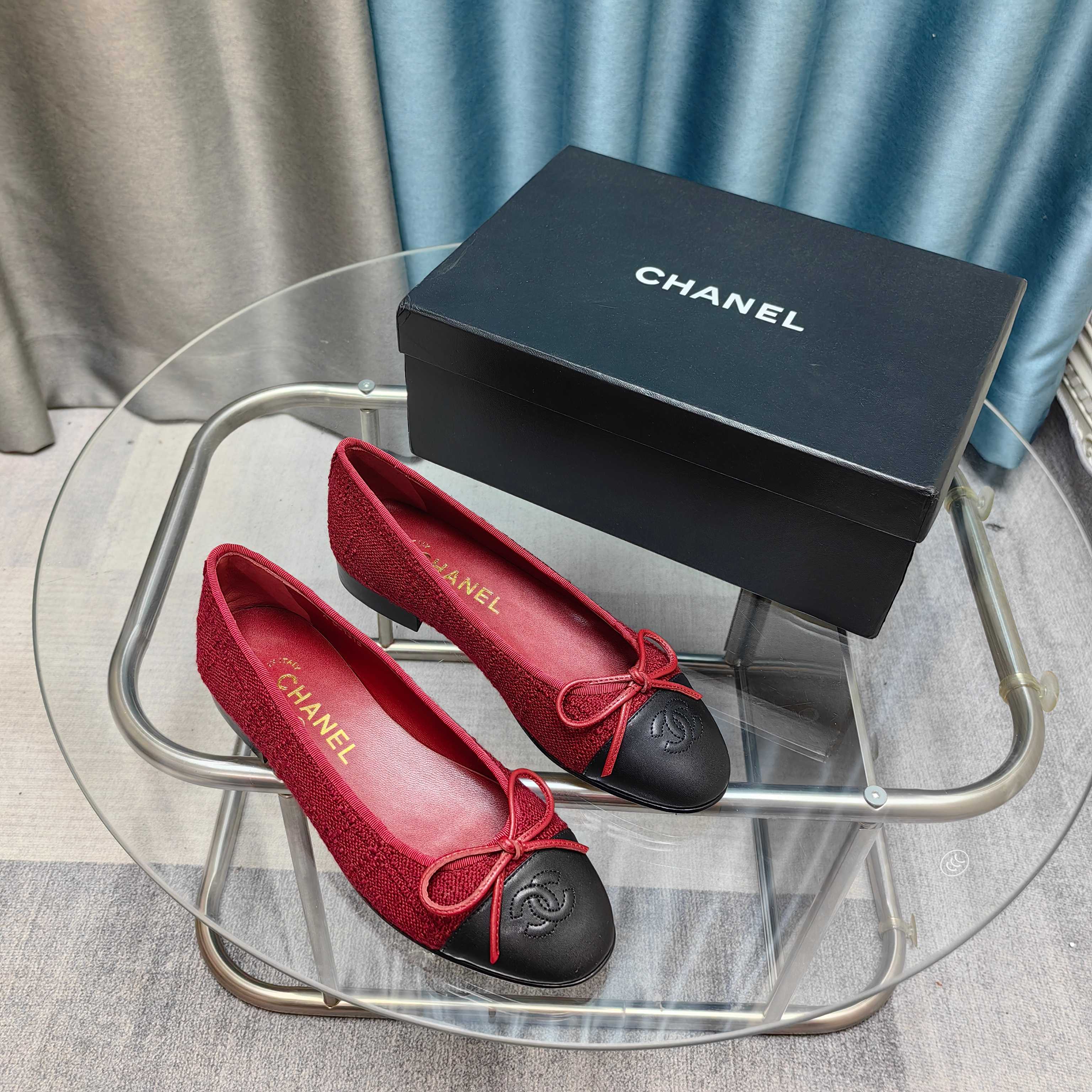 CC 25P Ballet Flat Red Tweed Black Calfskin