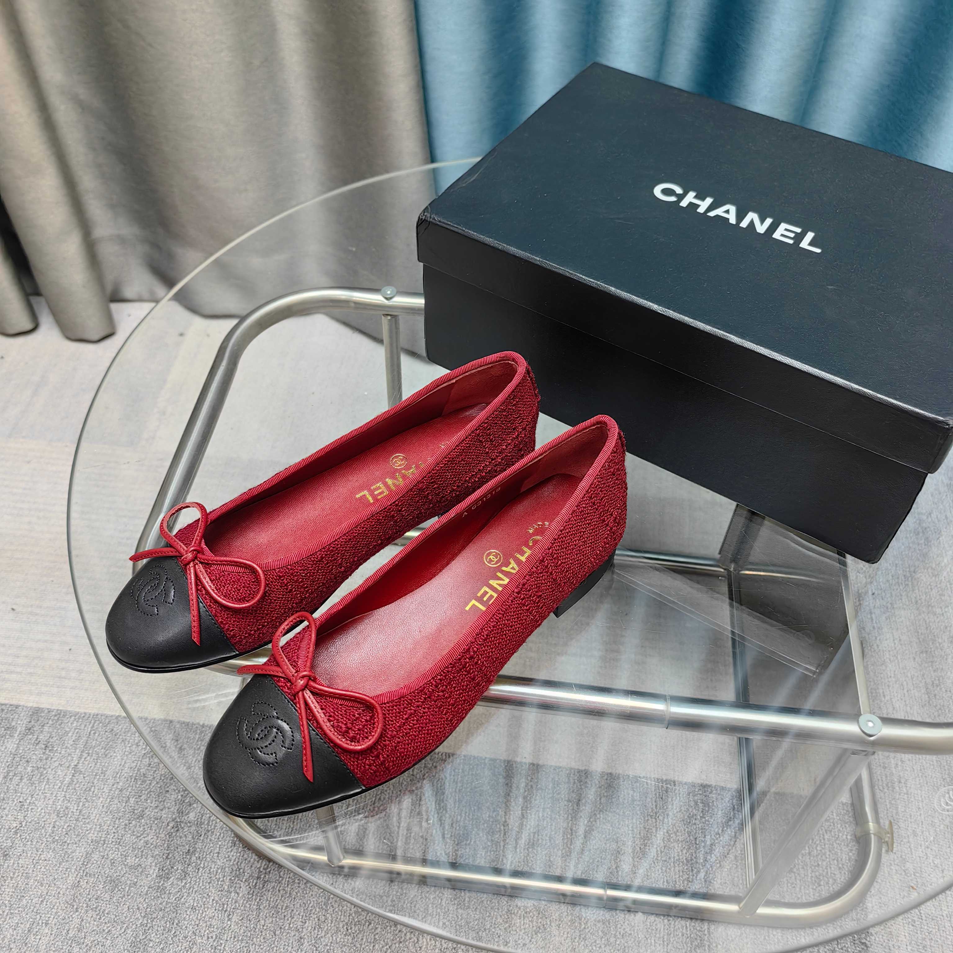 CC 25P Ballet Flat Red Tweed Black Calfskin
