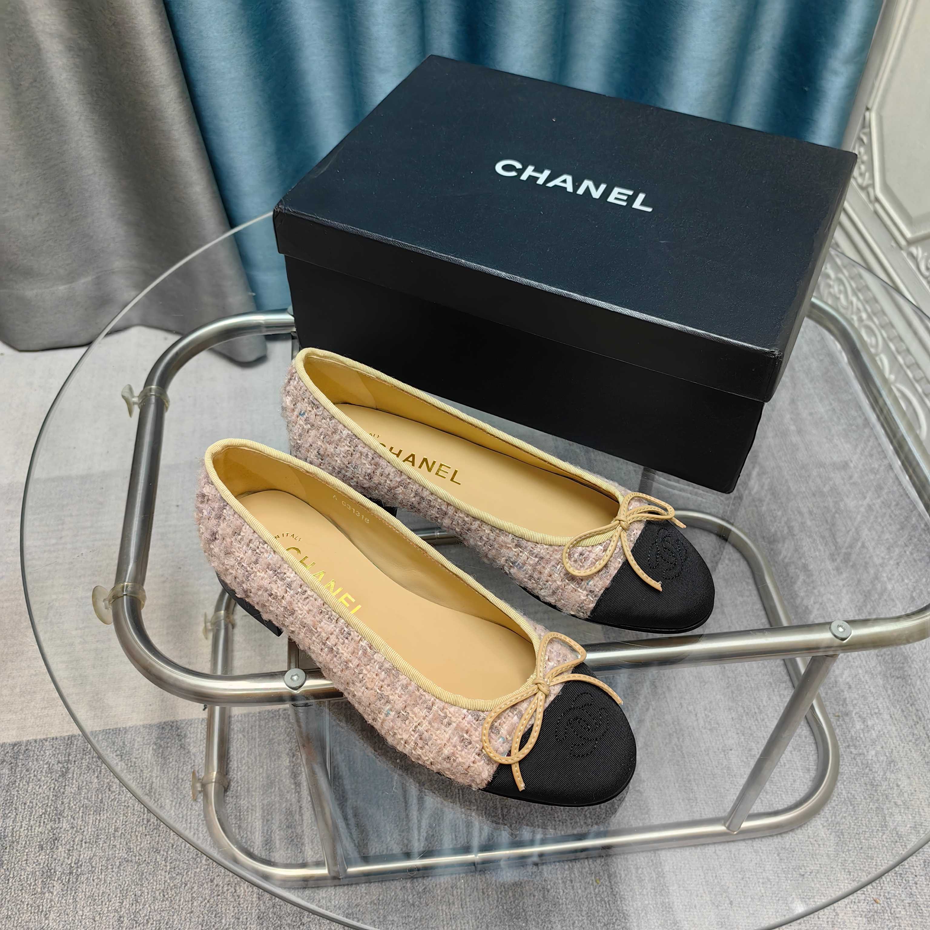 CC 25P Ballet Flat Light Pink Tweed Black Grosgrain