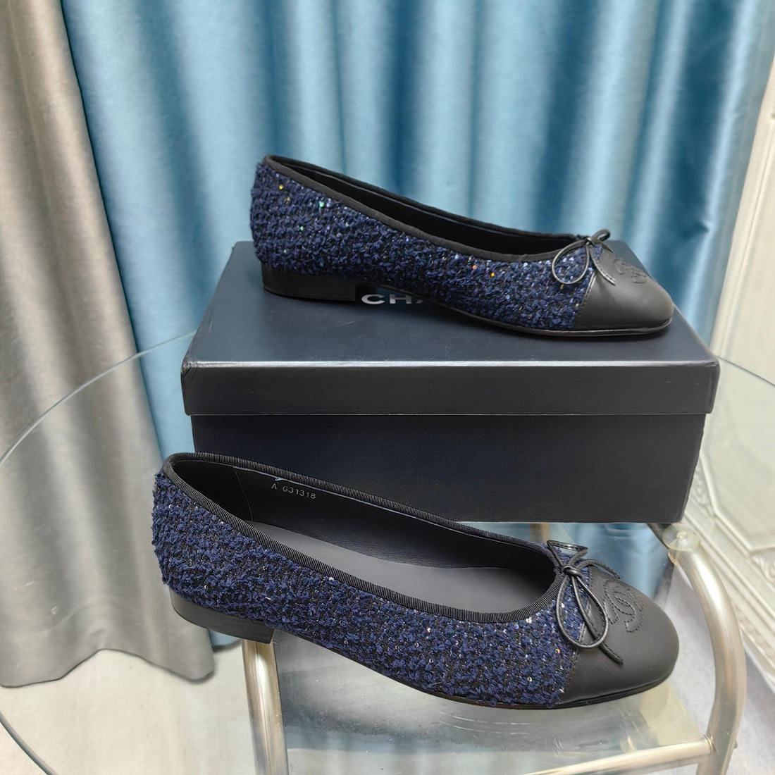 CC 25P Ballet Flat Dark Blue Tweed Black Calfskin