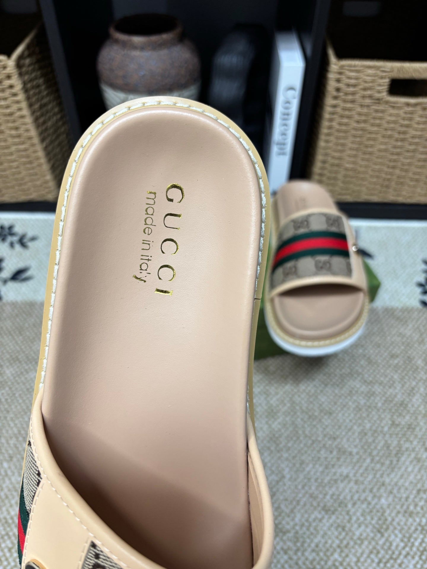 GG Men's Web Slide Beige Canvas Cowhide 595537