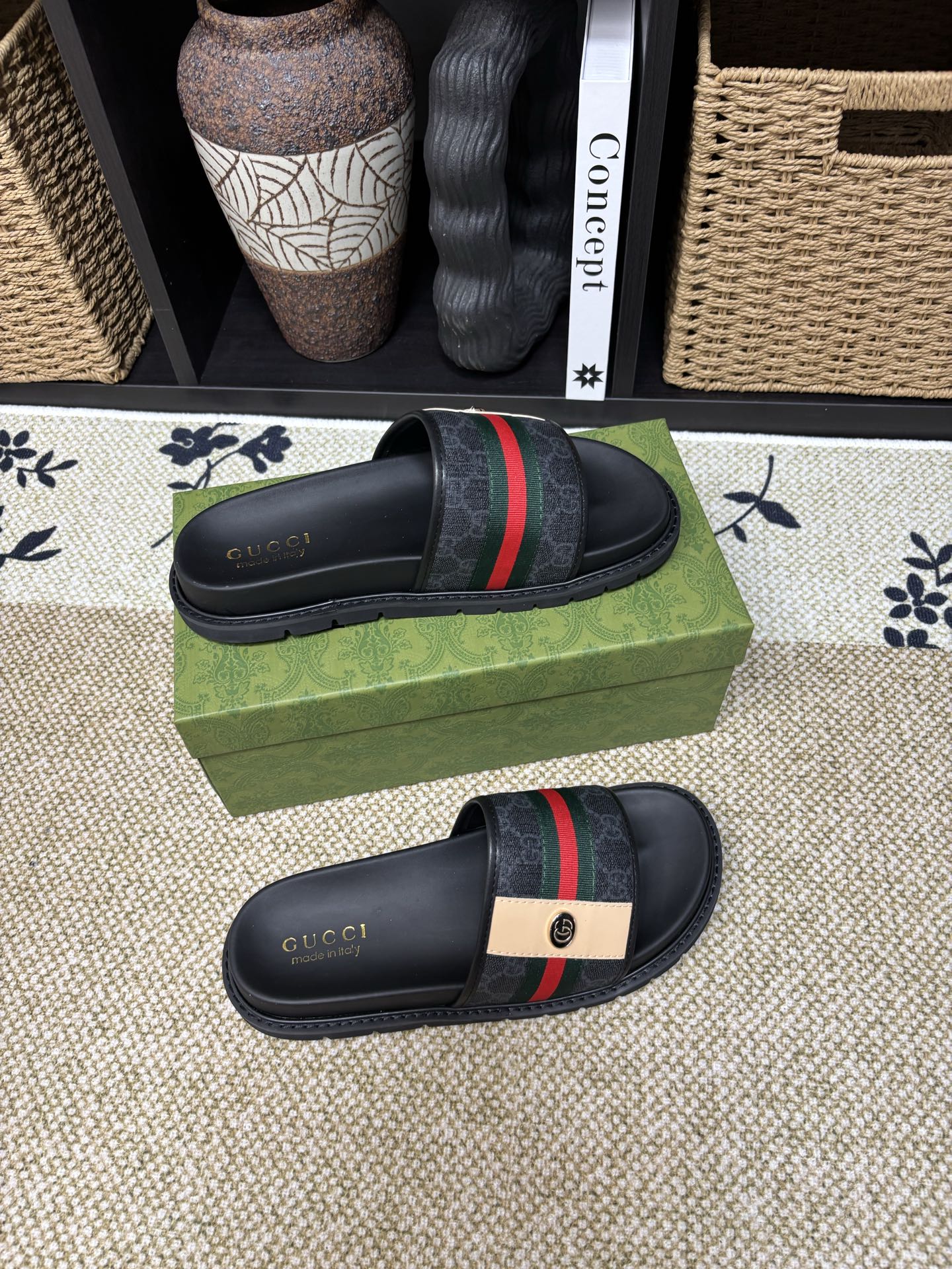 GG Men's Web Slide Black Canvas Cowhide 595542