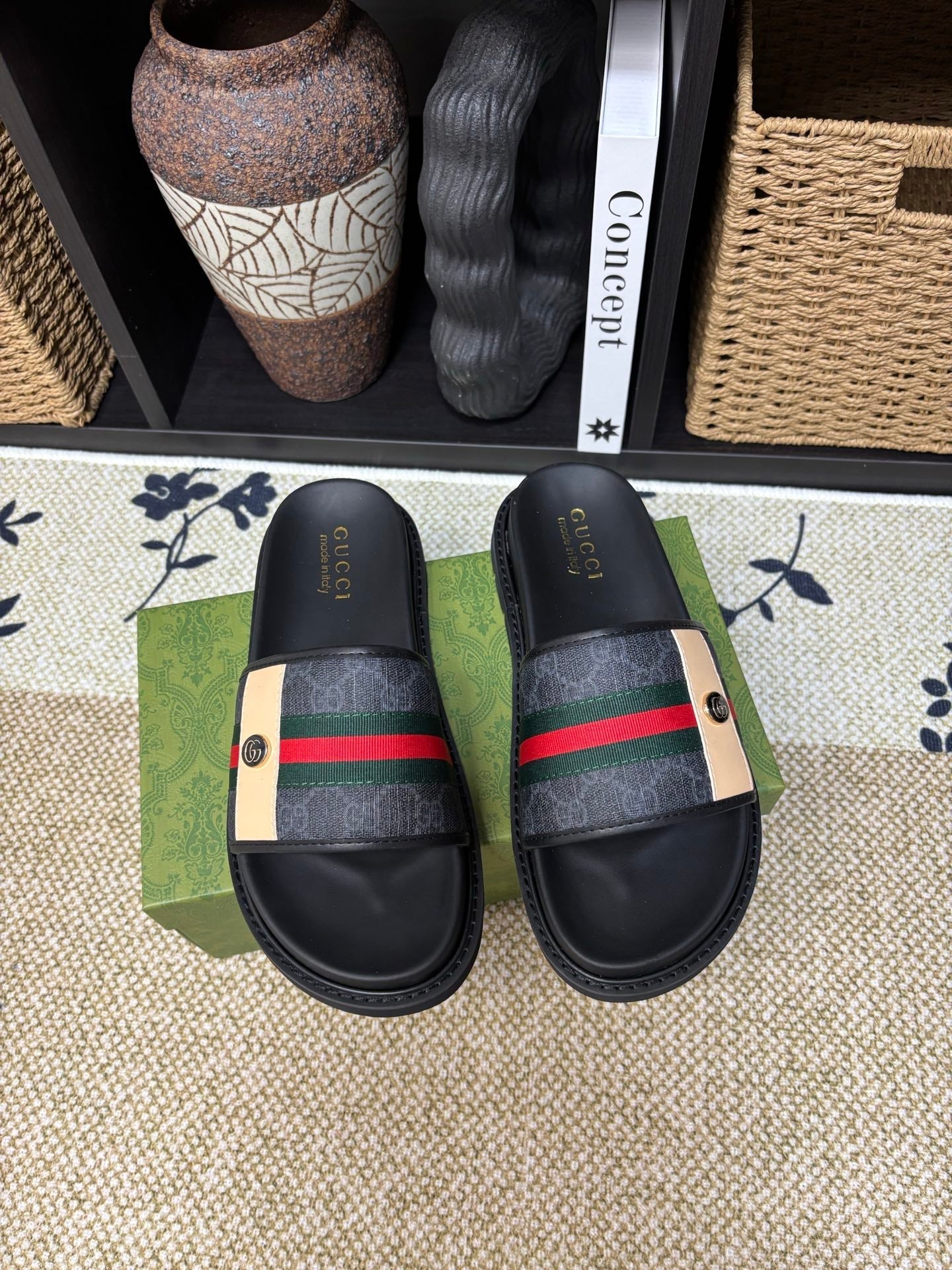 GG Men's Web Slide Black Canvas Cowhide 595542