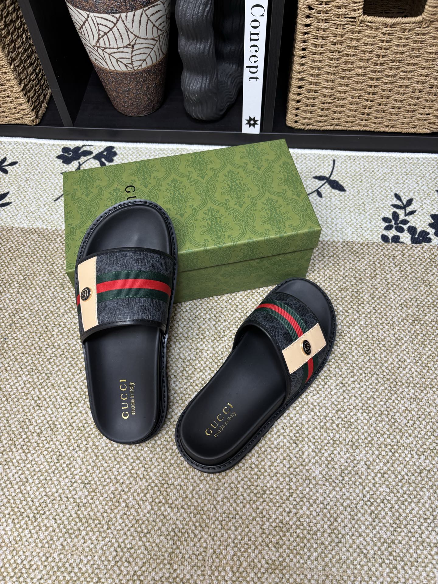 GG Men's Web Slide Black Canvas Cowhide 595542