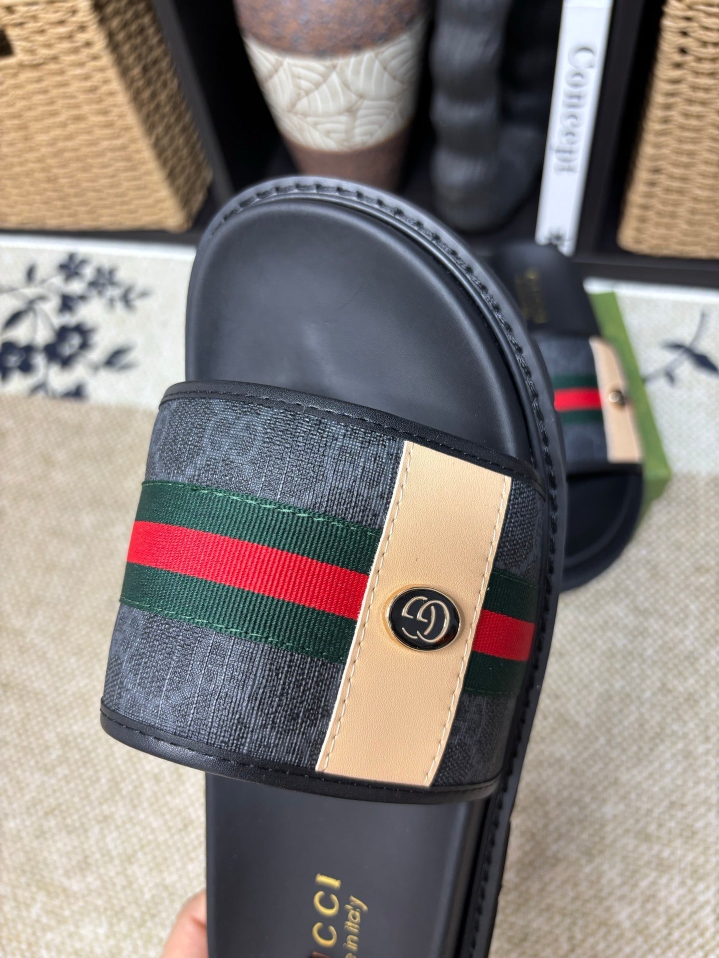 GG Men's Web Slide Black Canvas Cowhide 595542