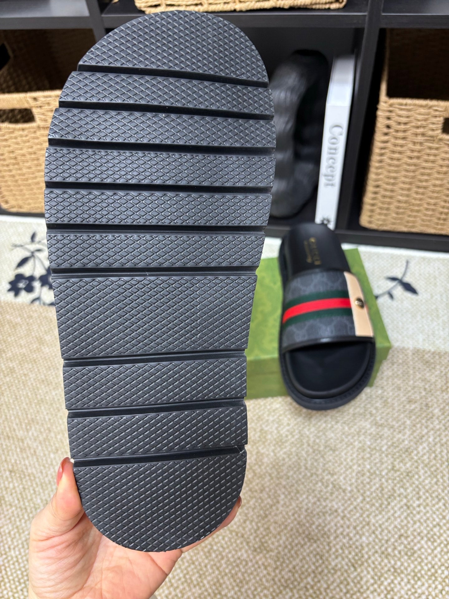 GG Men's Web Slide Black Canvas Cowhide 595542