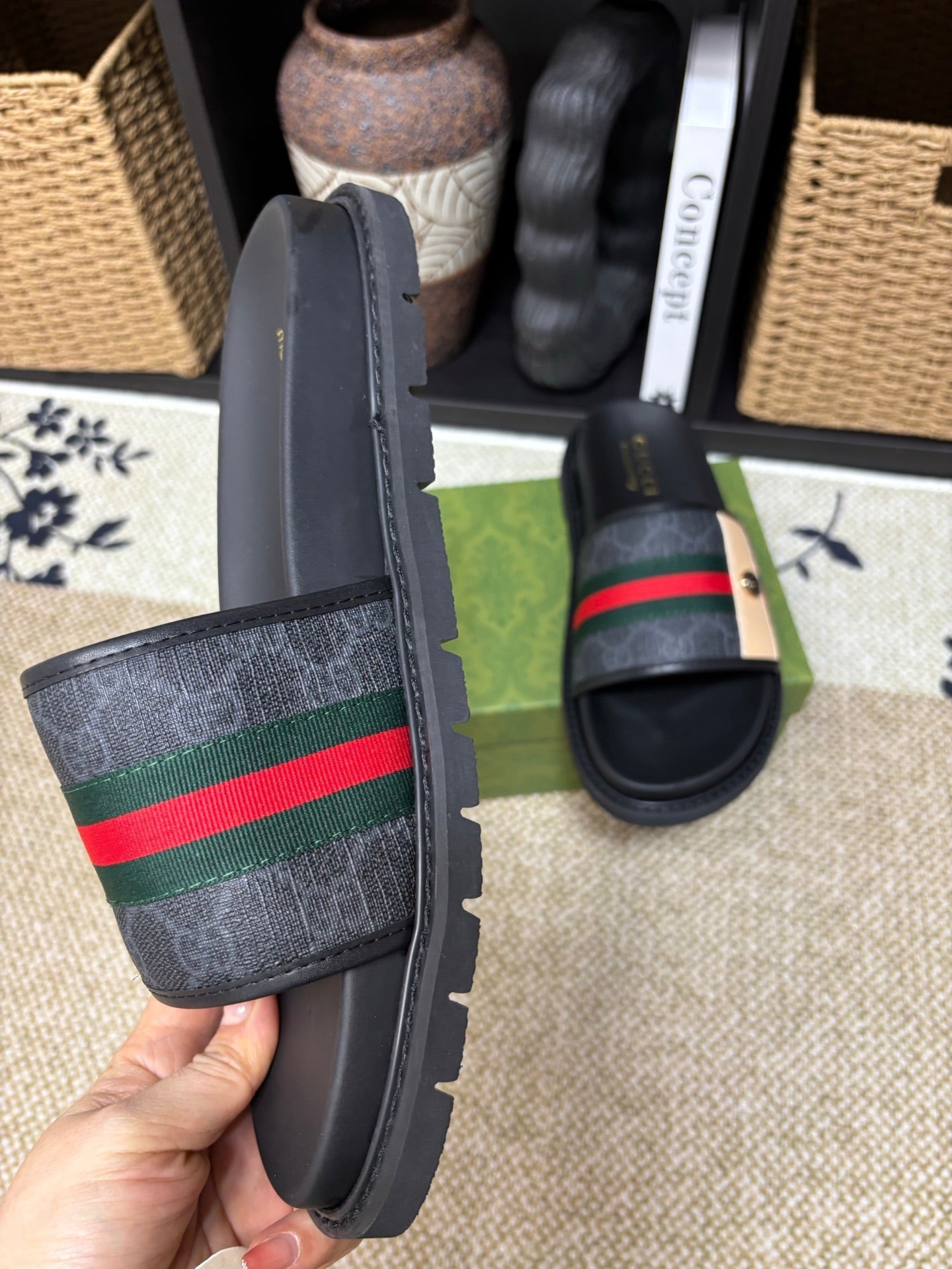 GG Men's Web Slide Black Canvas Cowhide 595542