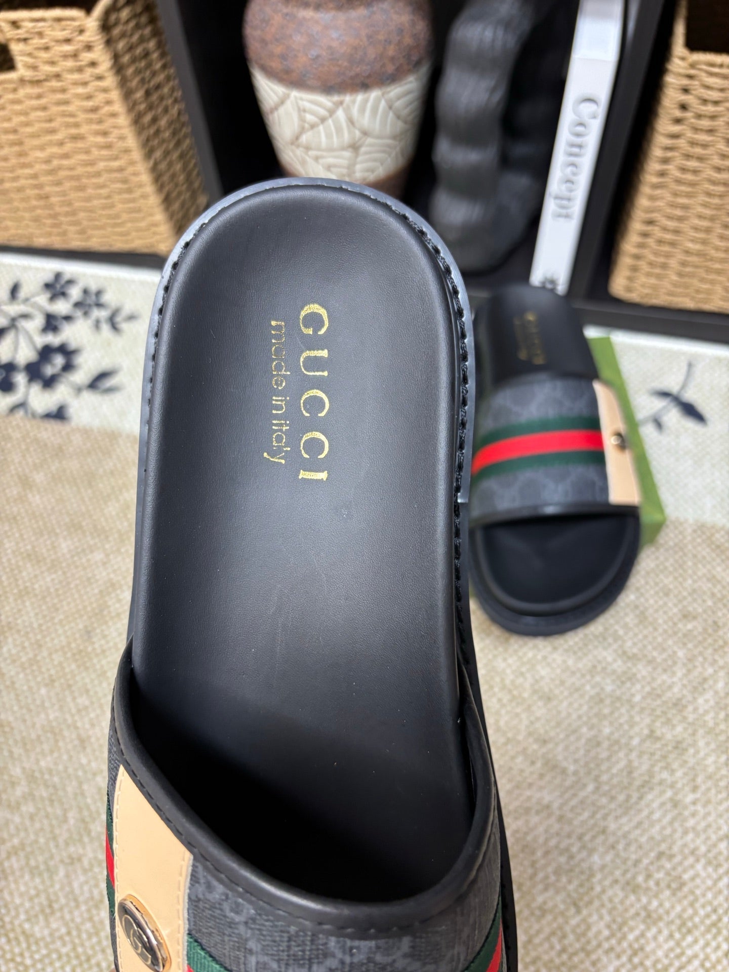 GG Men's Web Slide Black Canvas Cowhide 595542