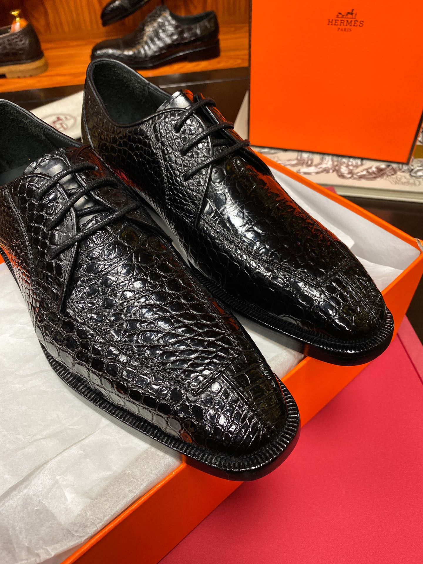 HM Men's Derby Dress Shoe Black Crocodile Belly 487804