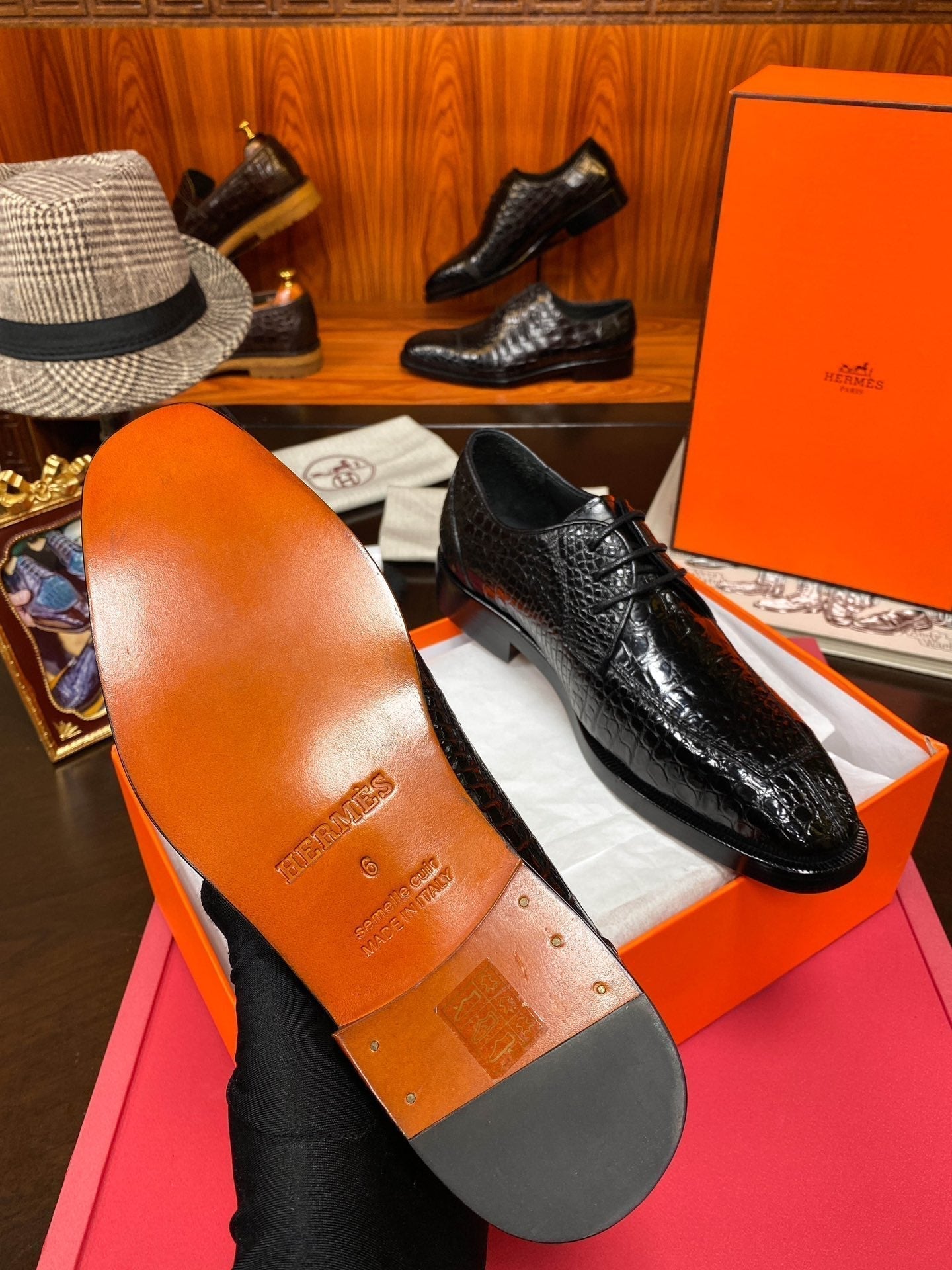 HM Men's Derby Dress Shoe Black Crocodile Belly 487804