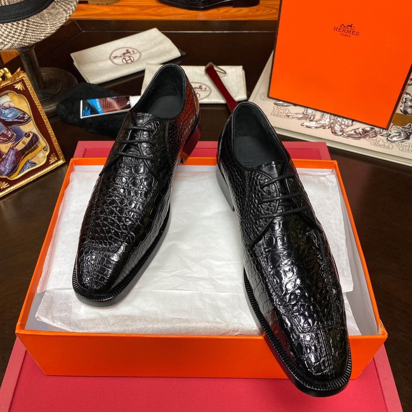 HM Men's Derby Dress Shoe Black Crocodile Belly 487804