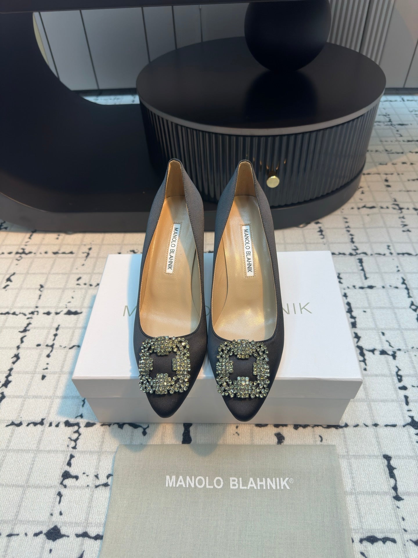 Manolo Blahnik Hangisi Embellished Pumps Black Satin  Leather
