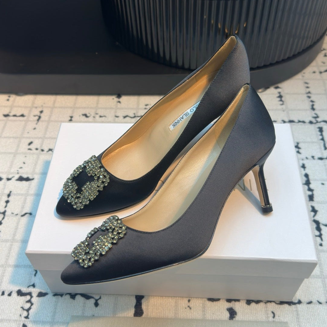 Manolo Blahnik Hangisi Embellished Pumps Black Satin  Leather