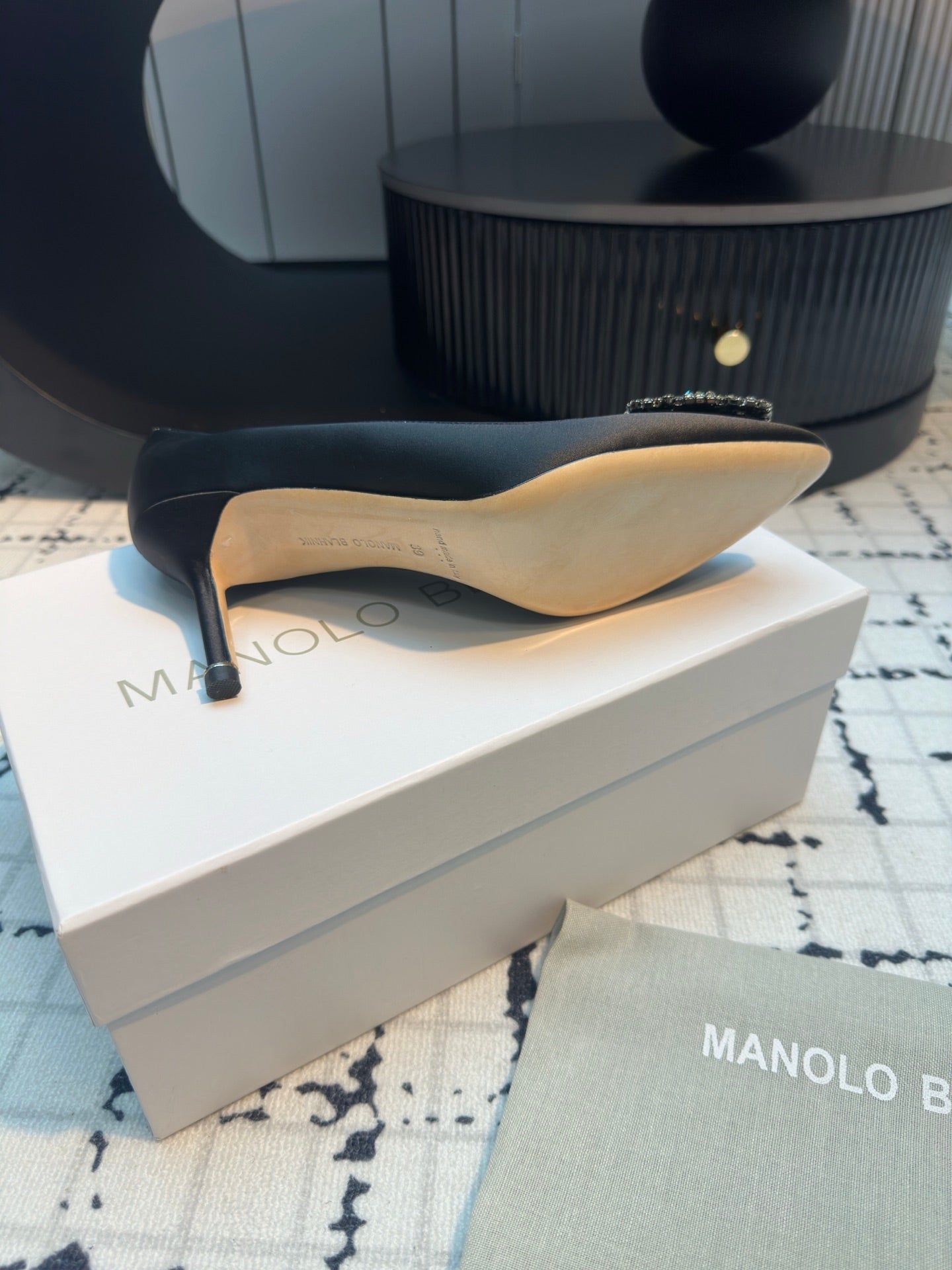 Manolo Blahnik Hangisi Embellished Pumps Black Satin  Leather