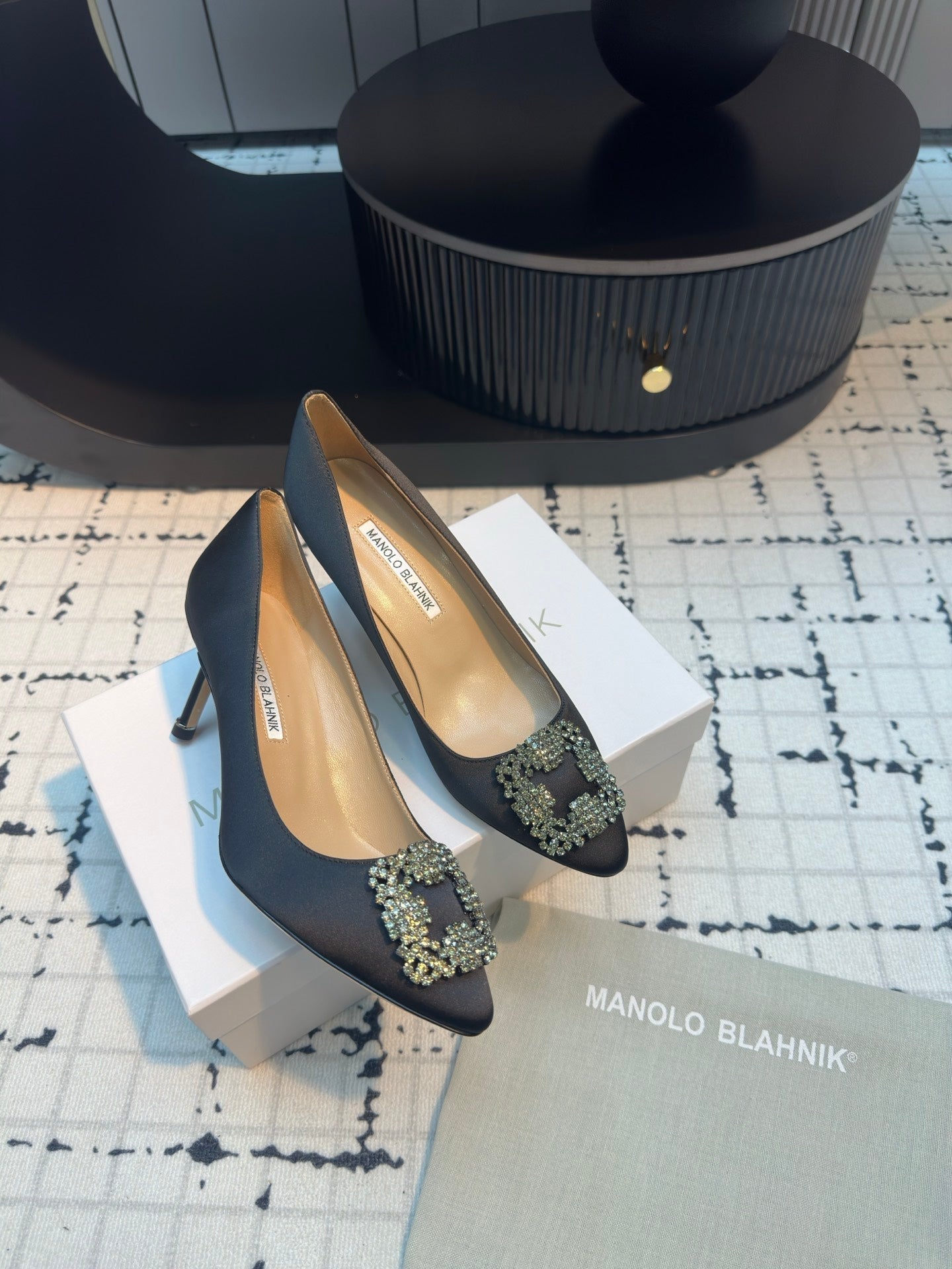 Manolo Blahnik Hangisi Embellished Pumps Black Satin  Leather