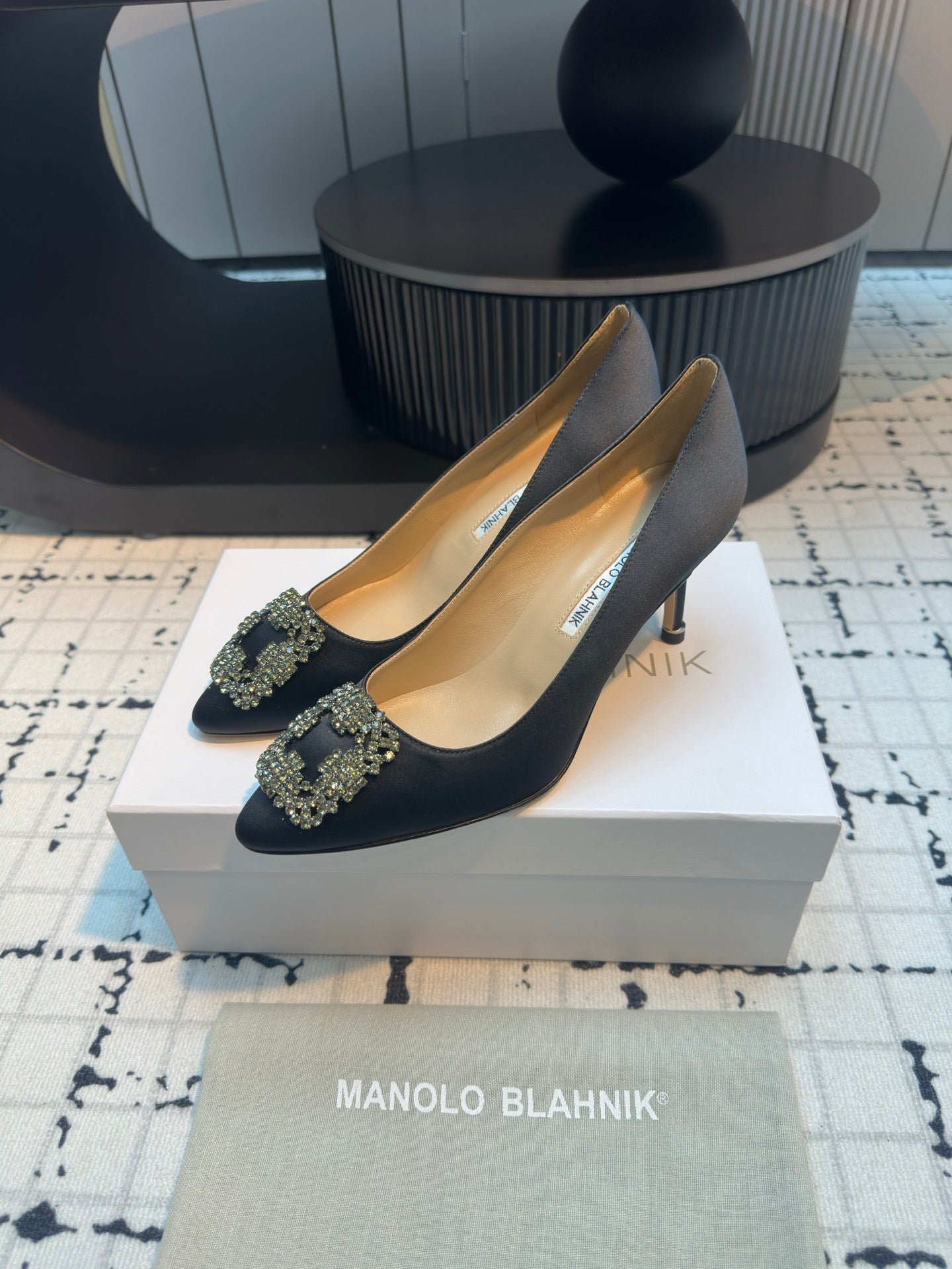 Manolo Blahnik Hangisi Embellished Pumps Black Satin  Leather